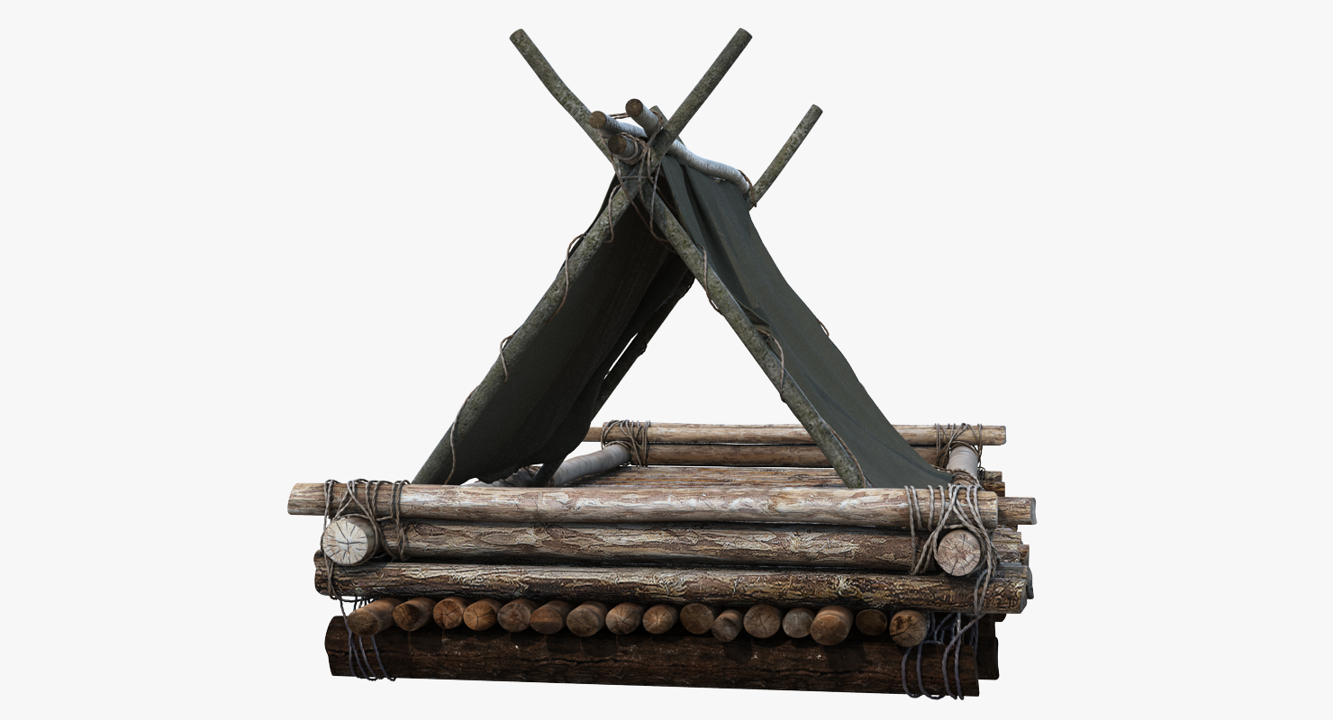 Wooden Log Raft with Hut 3D model