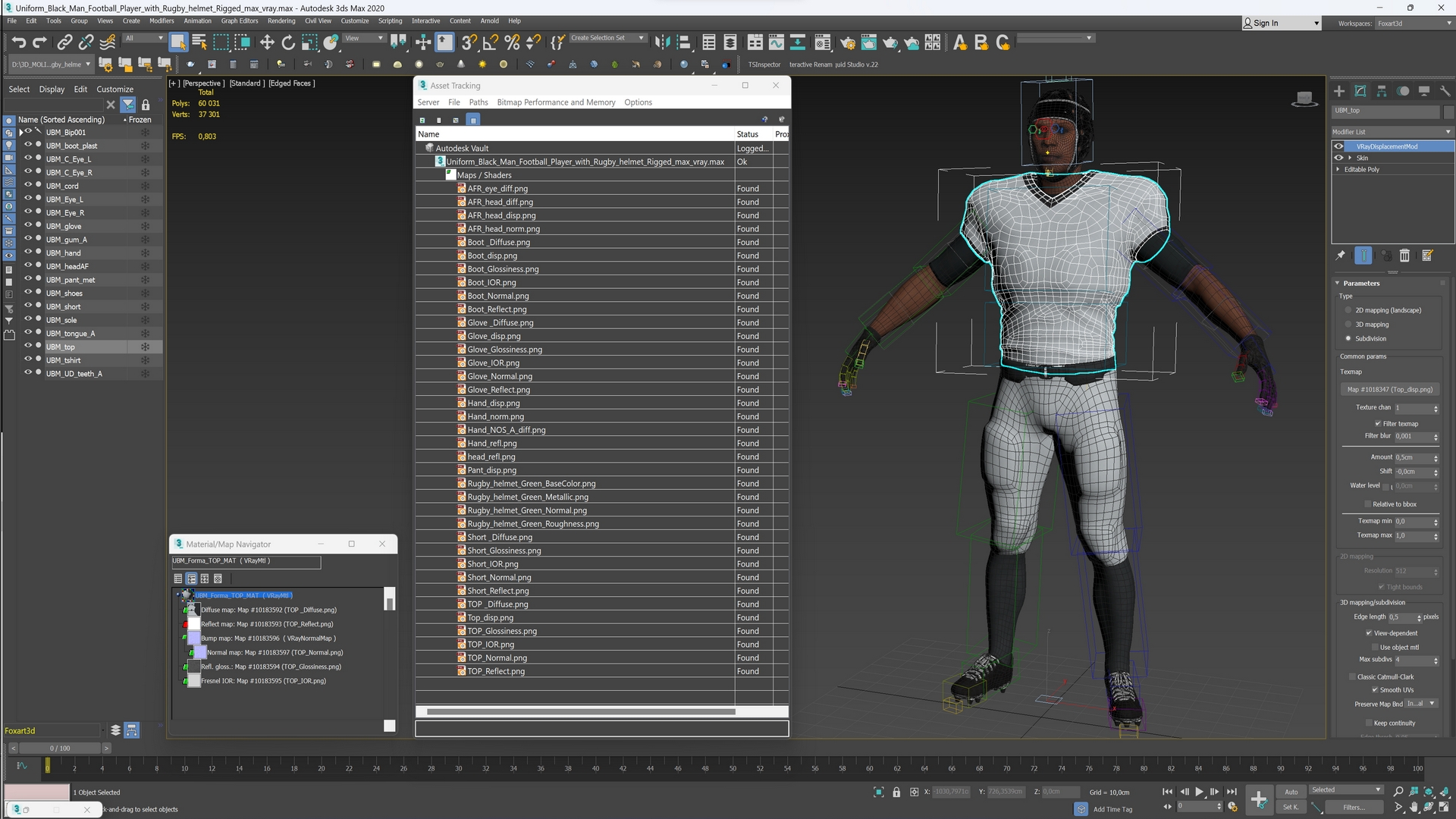 3D Uniform Black Man Football Player with Rugby Helmet Rigged model