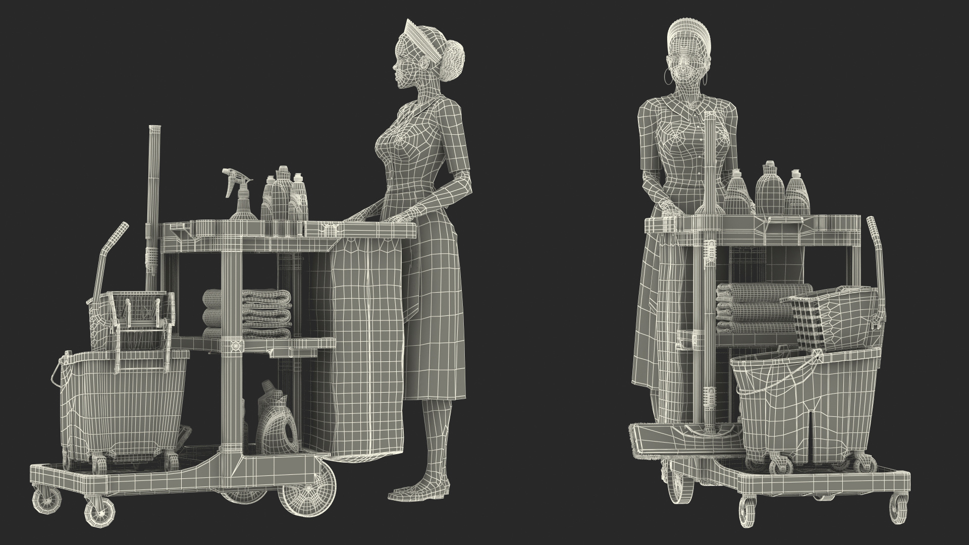 Black Maid With Multi Shelf Cleaning Cart Rigged Fur 3D