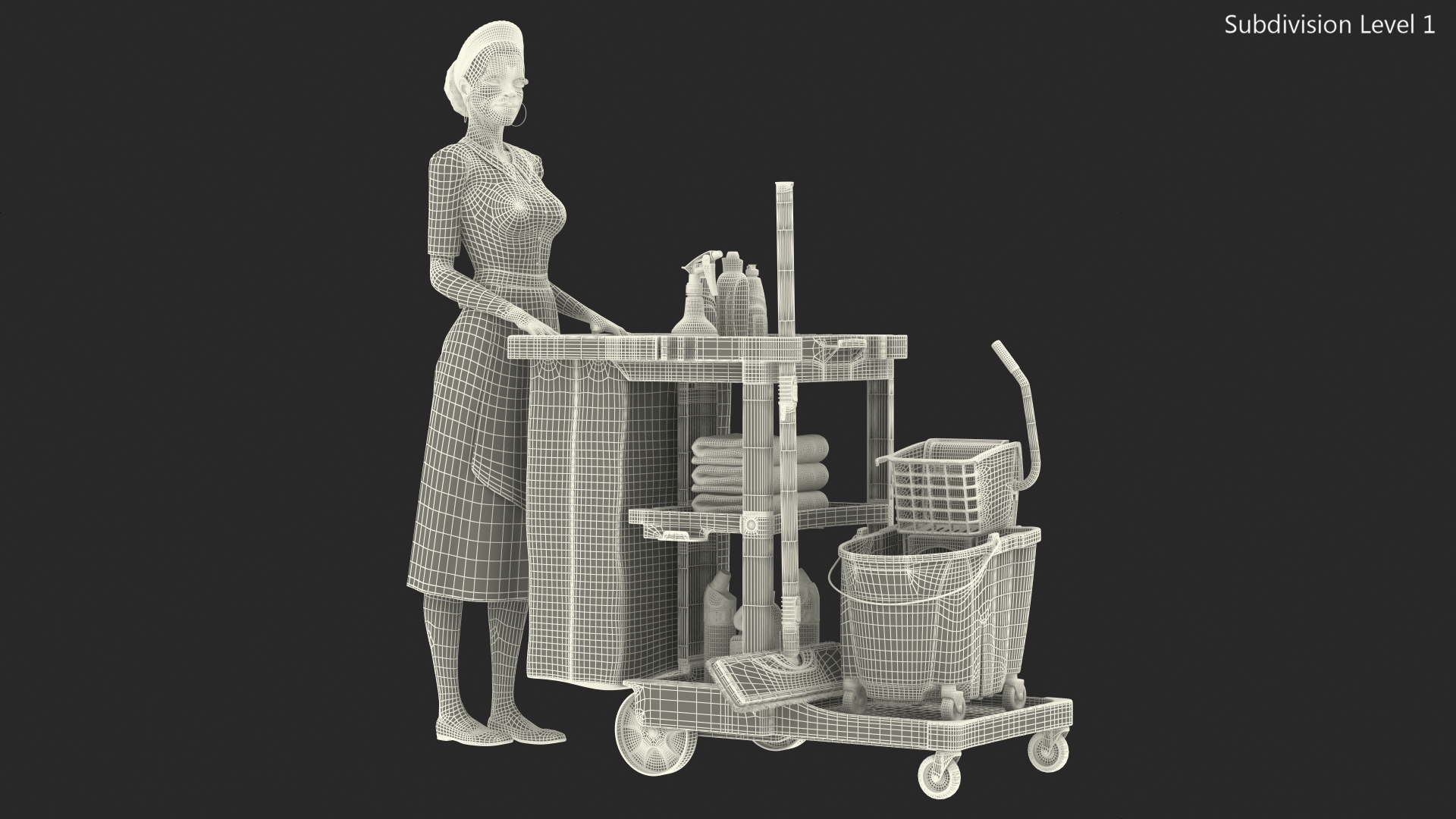 Black Maid With Multi Shelf Cleaning Cart Rigged Fur 3D