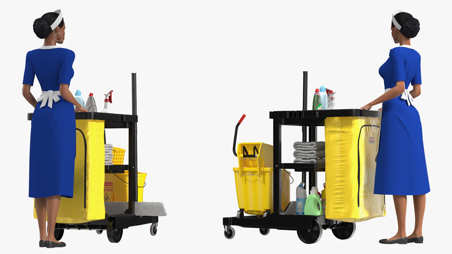 Black Maid With Multi Shelf Cleaning Cart Rigged Fur 3D