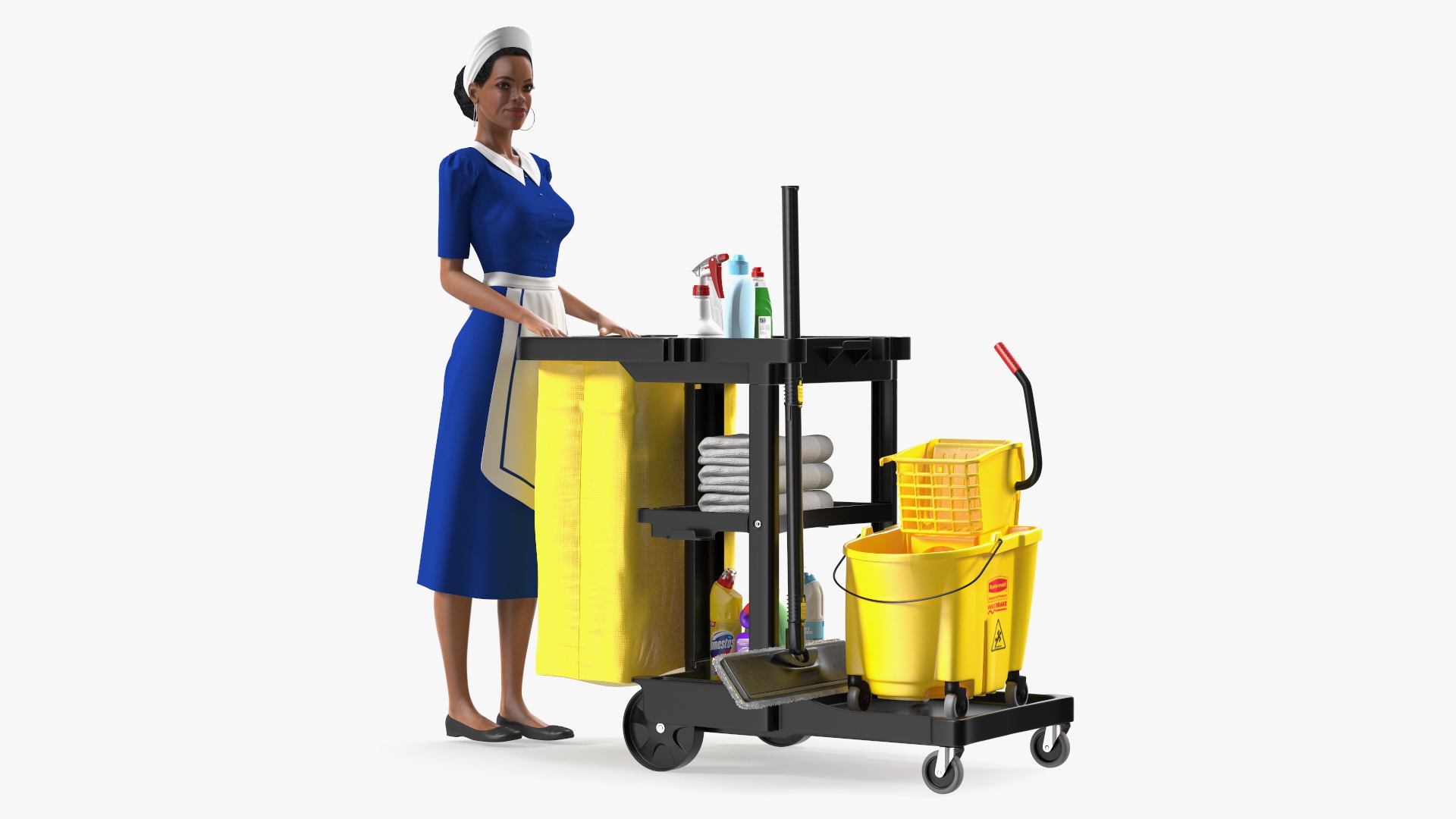 Black Maid With Multi Shelf Cleaning Cart Rigged Fur 3D