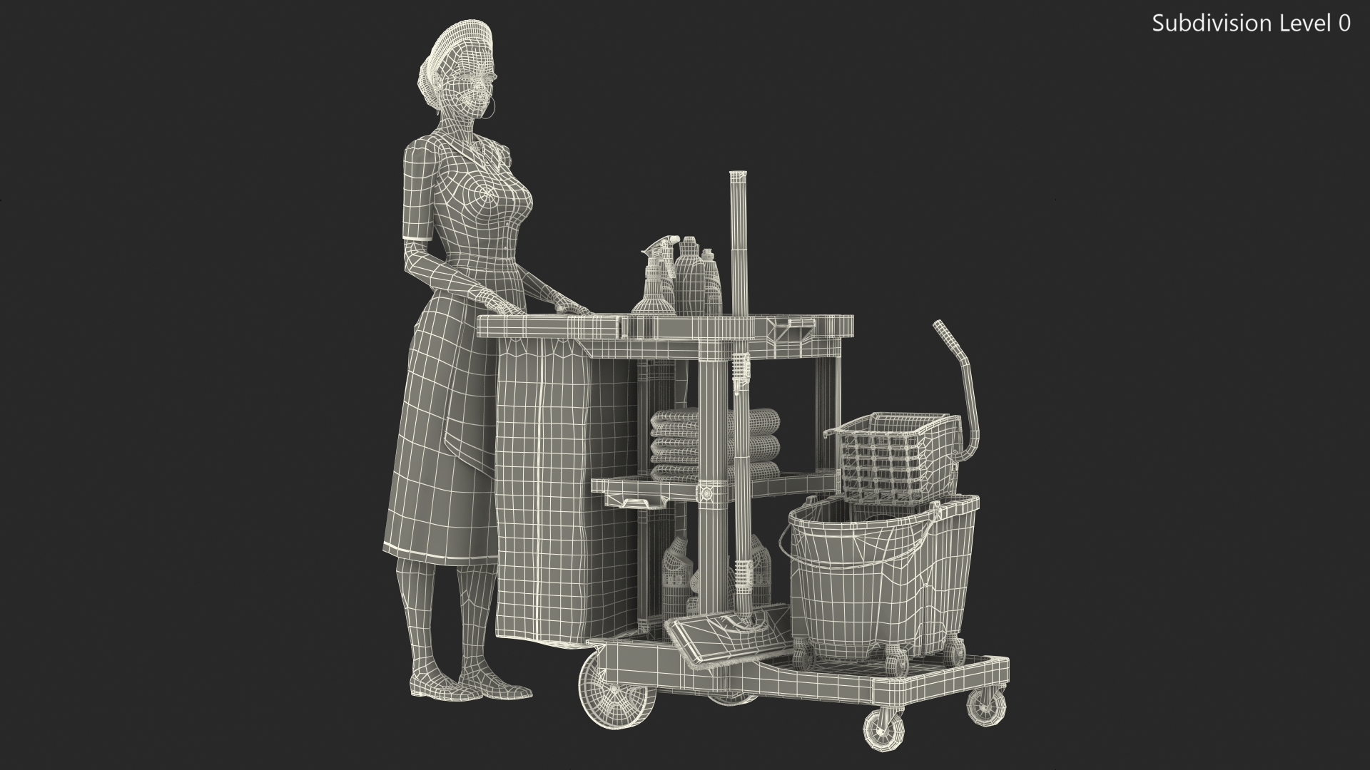 Black Maid With Multi Shelf Cleaning Cart Rigged Fur 3D