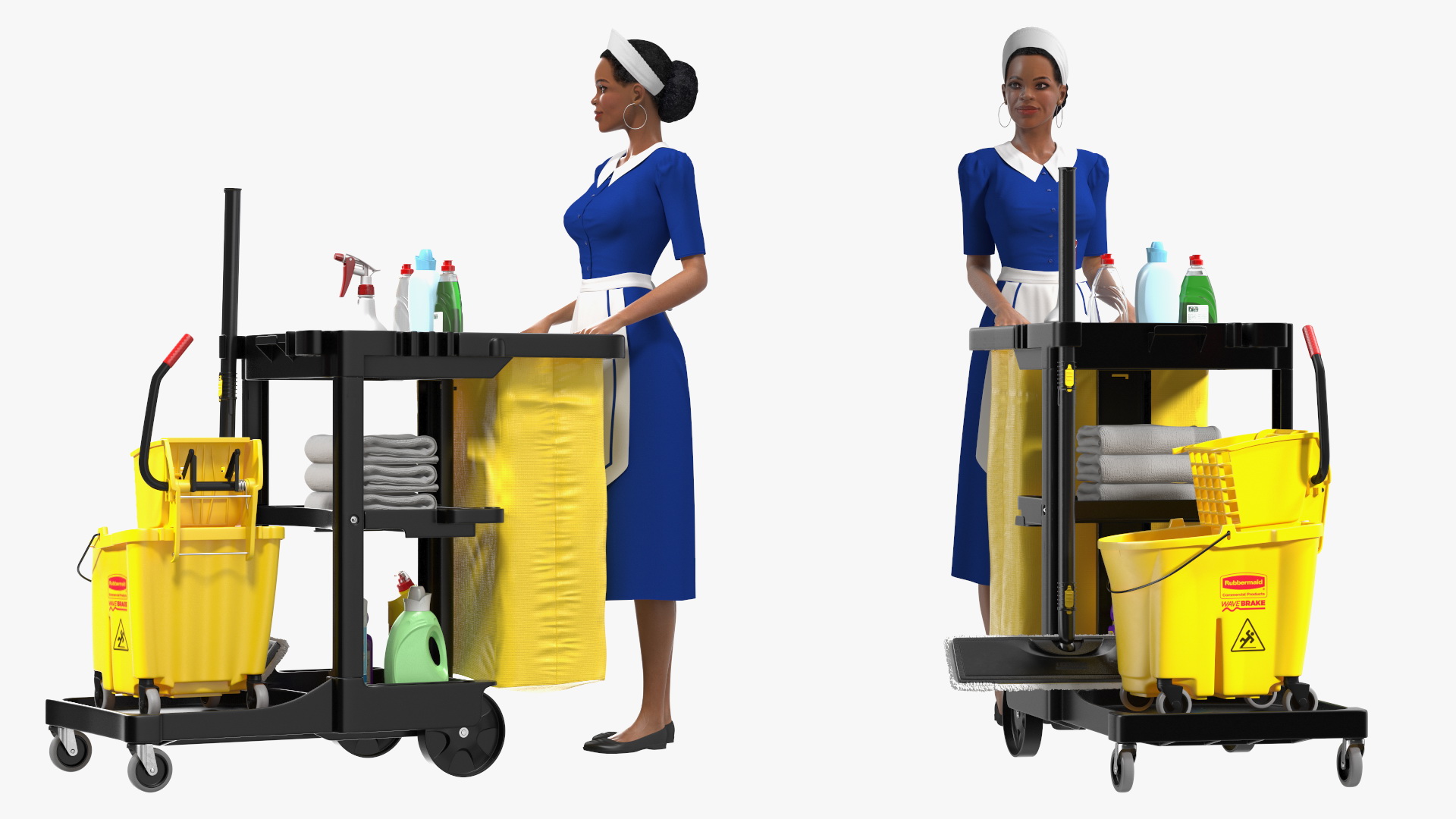 Black Maid With Multi Shelf Cleaning Cart Rigged Fur 3D