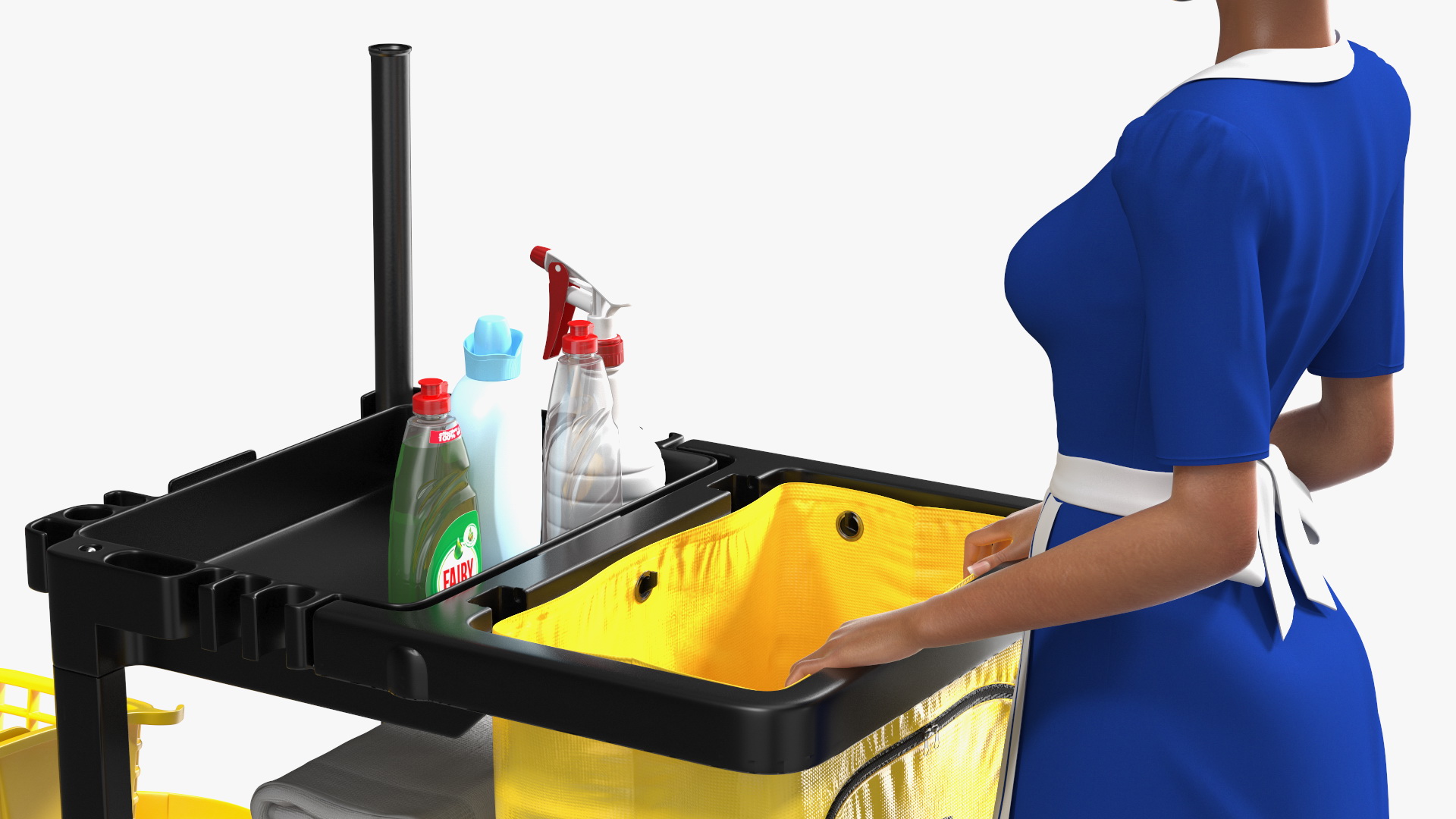 Black Maid With Multi Shelf Cleaning Cart Rigged Fur 3D