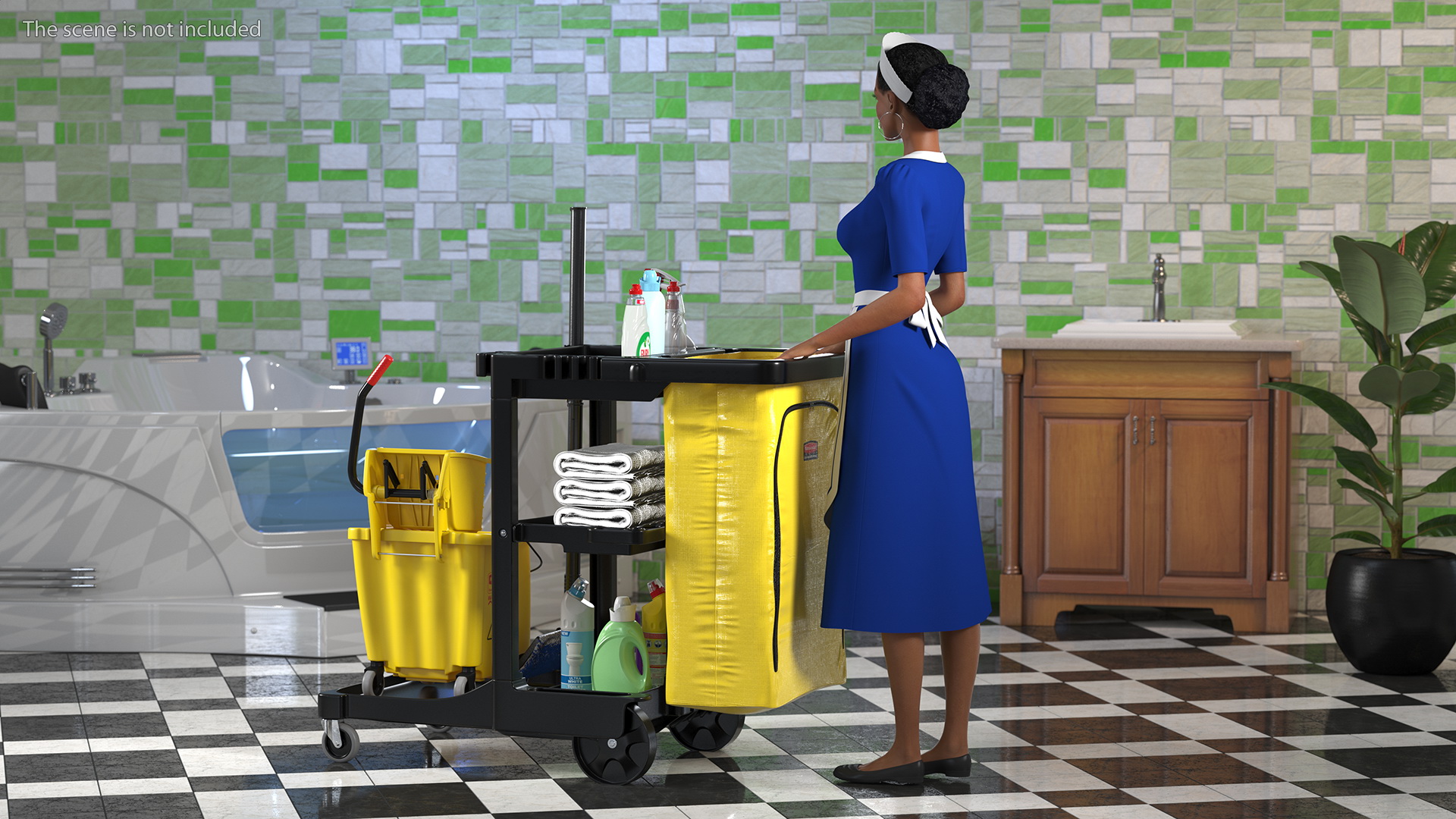 Black Maid With Multi Shelf Cleaning Cart Rigged Fur 3D