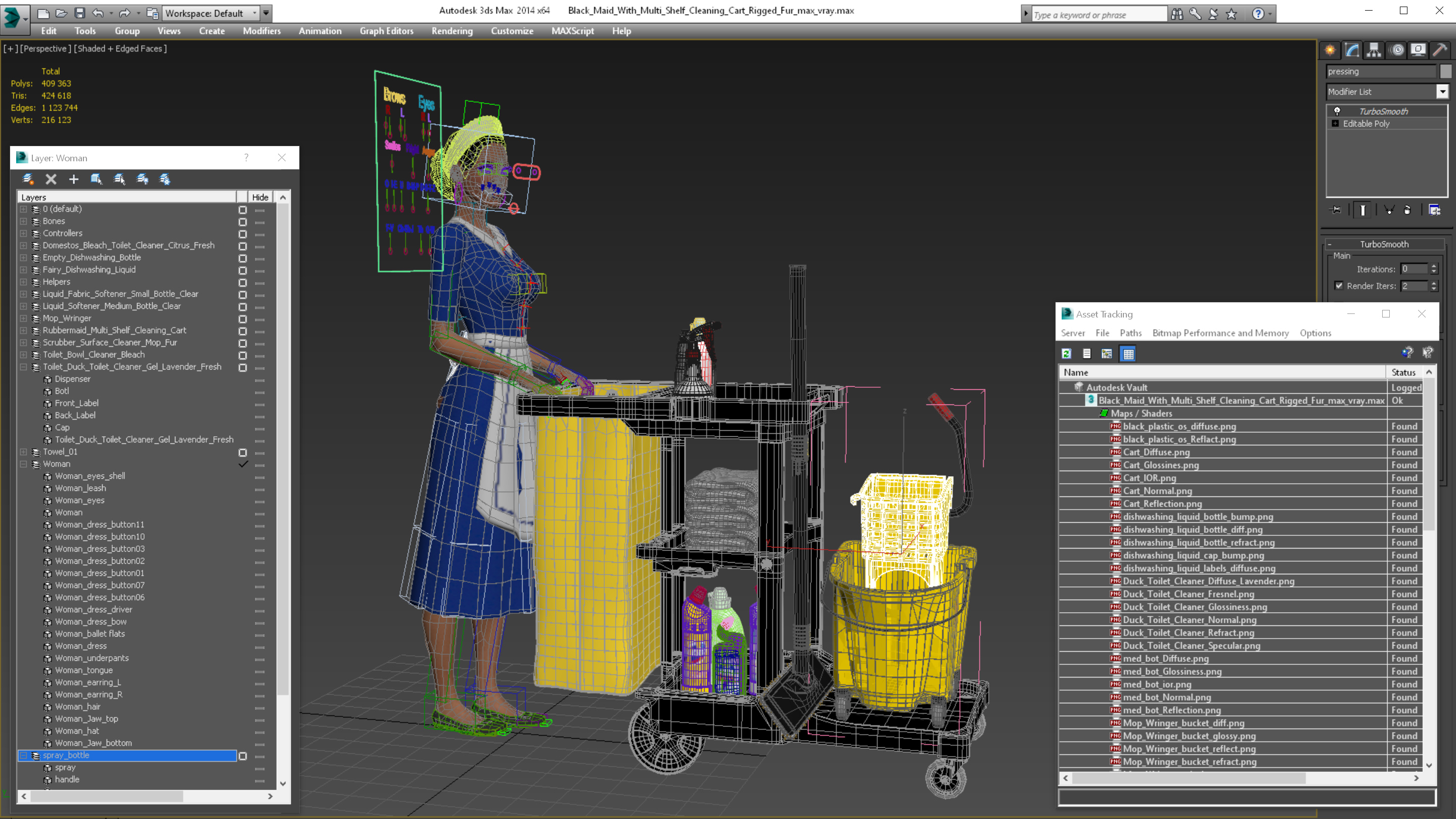Black Maid With Multi Shelf Cleaning Cart Rigged Fur 3D