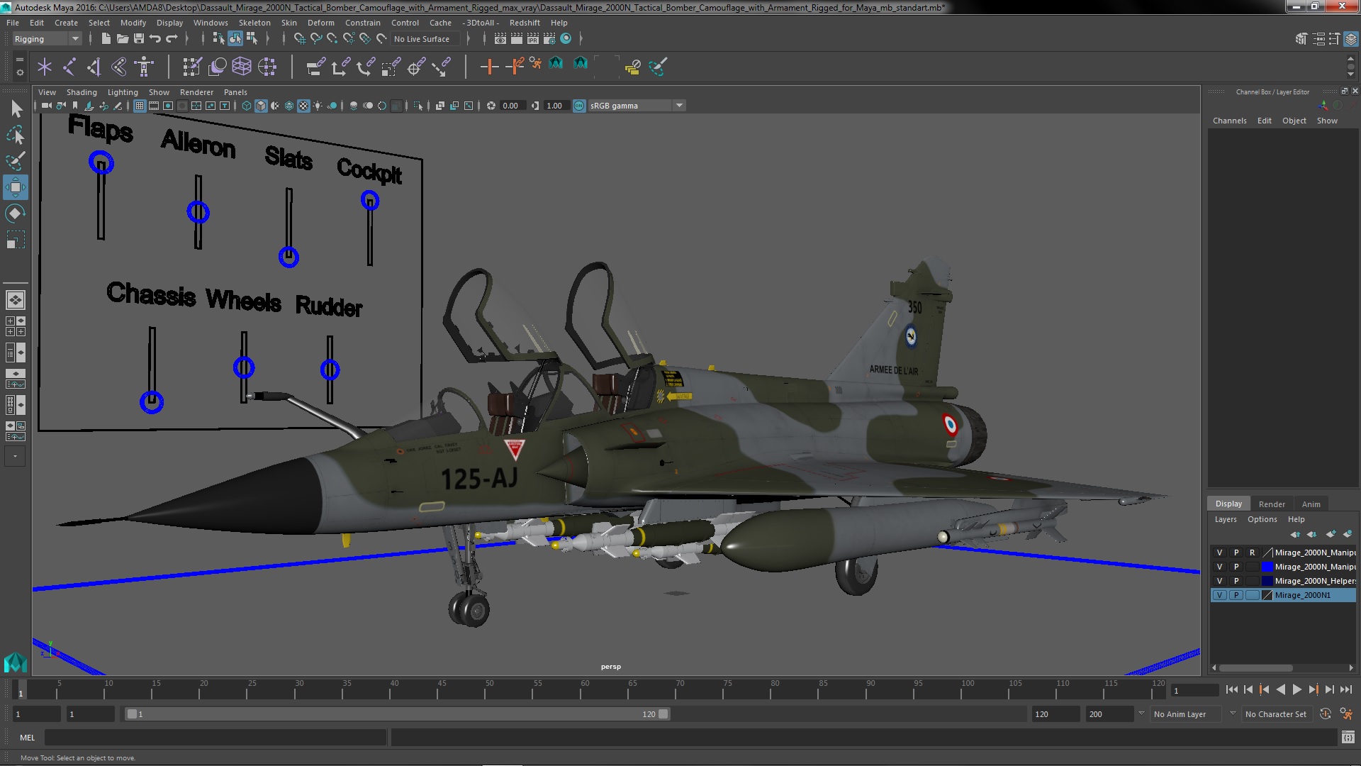 3D Dassault Mirage 2000N Tactical Bomber Camouflage with Armament Rigged for Maya model