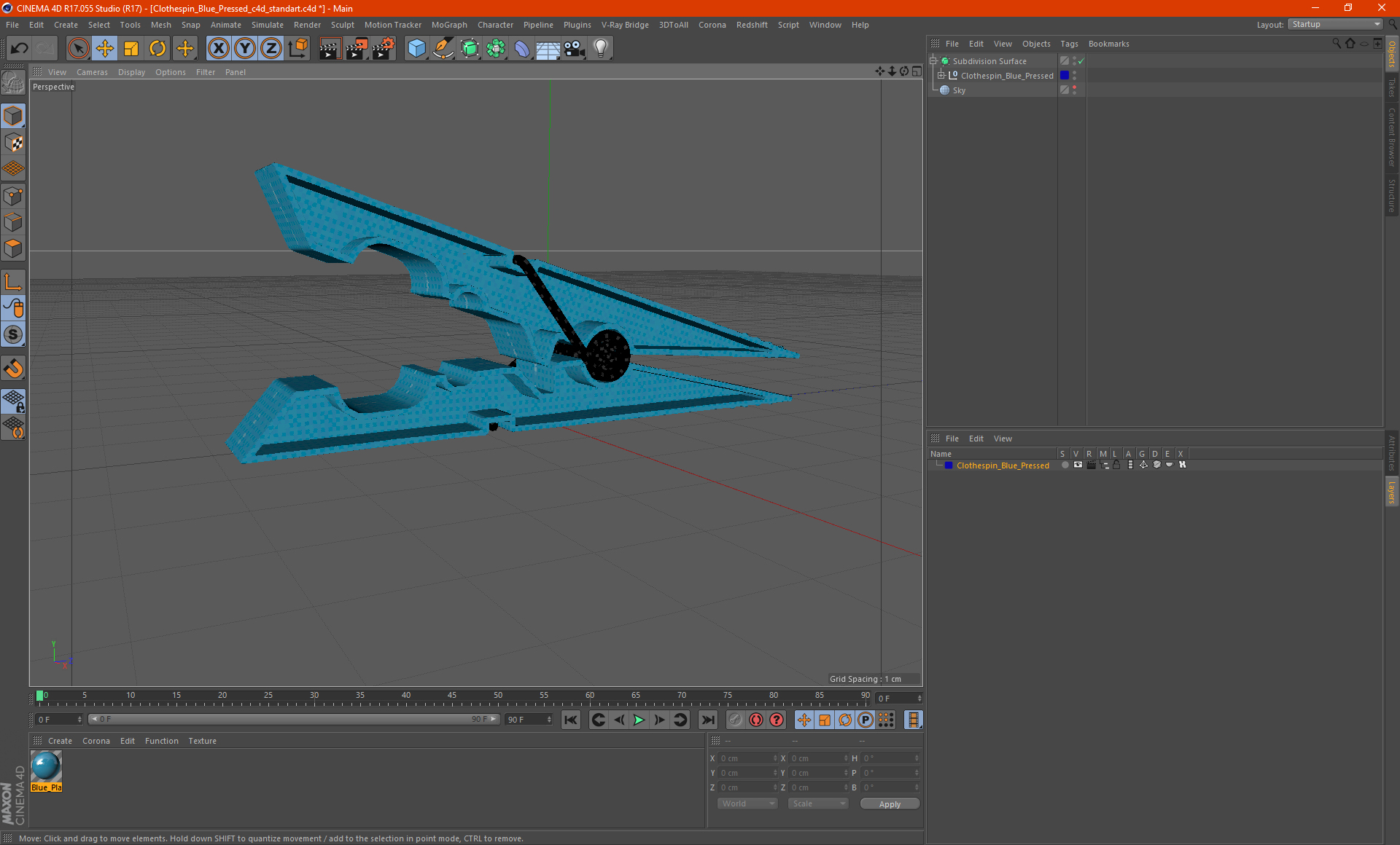 3D Clothespin Blue Pressed model