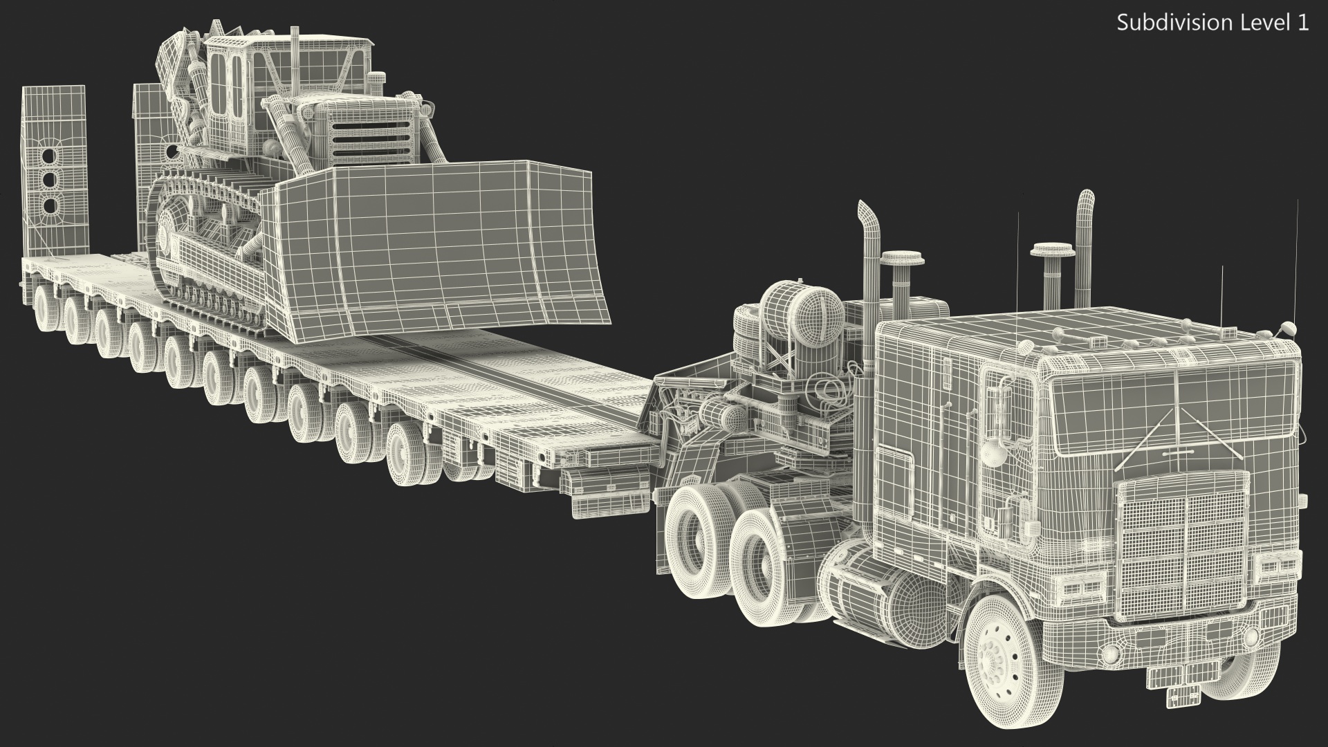 3D model Cabover Truck with Bulldozer on Heavy Transport Trailer