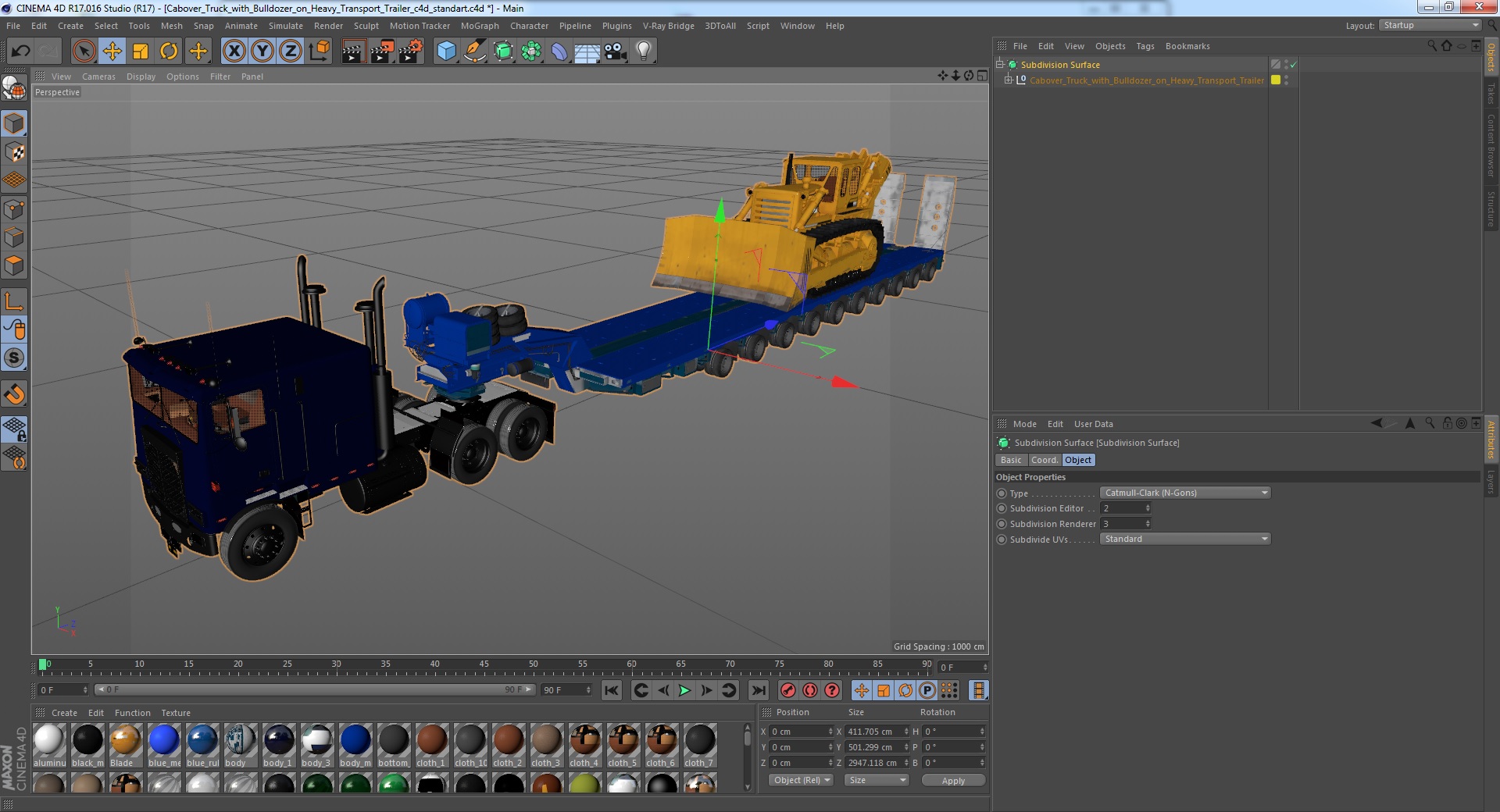 3D model Cabover Truck with Bulldozer on Heavy Transport Trailer