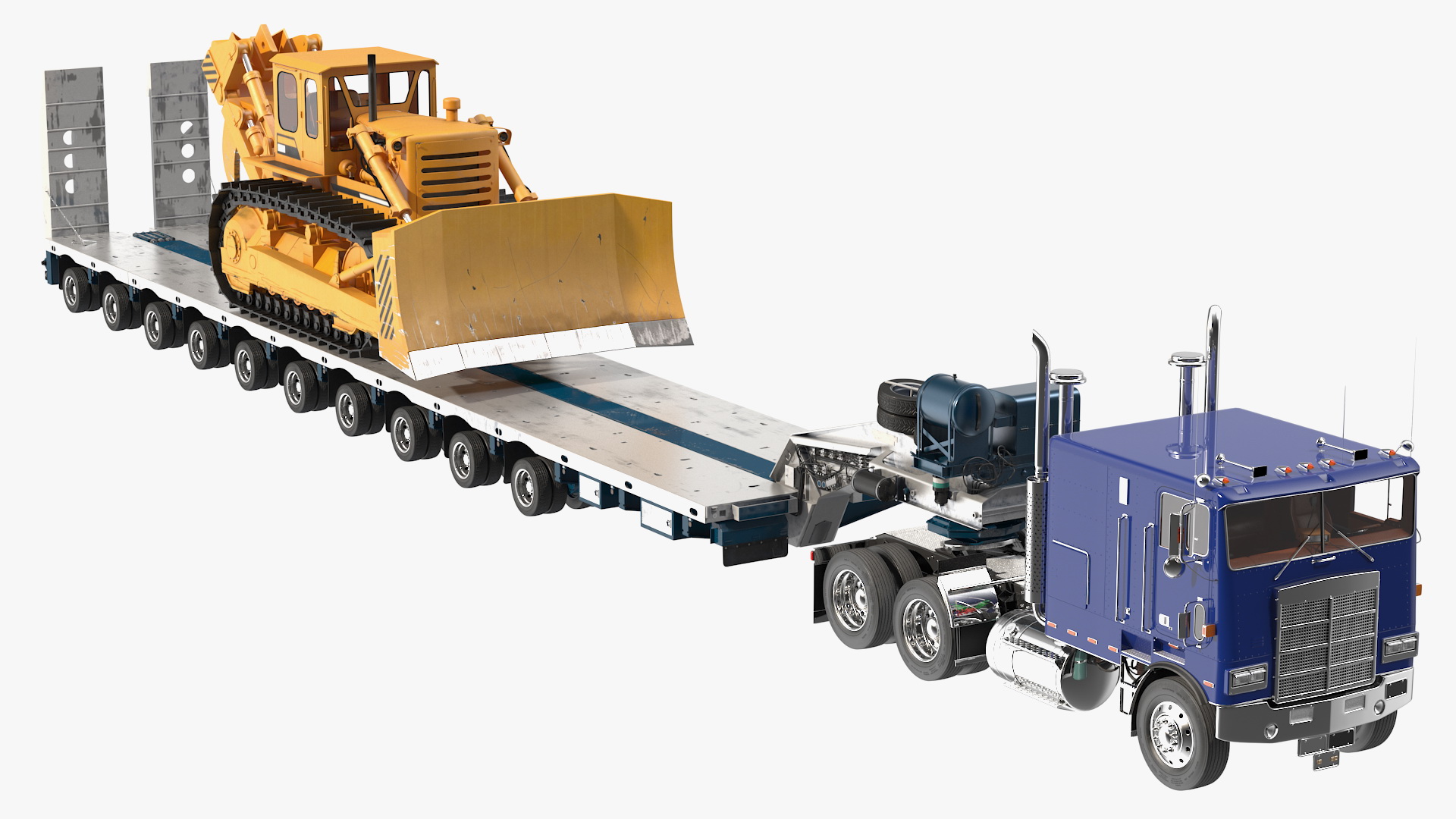 3D model Cabover Truck with Bulldozer on Heavy Transport Trailer