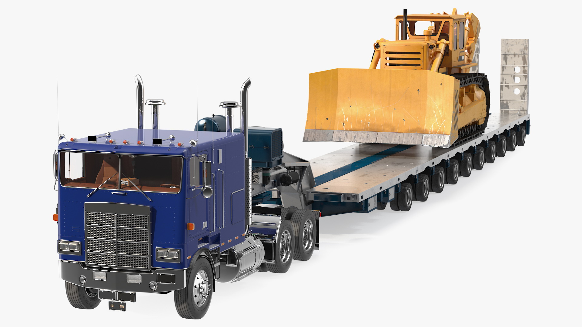 3D model Cabover Truck with Bulldozer on Heavy Transport Trailer