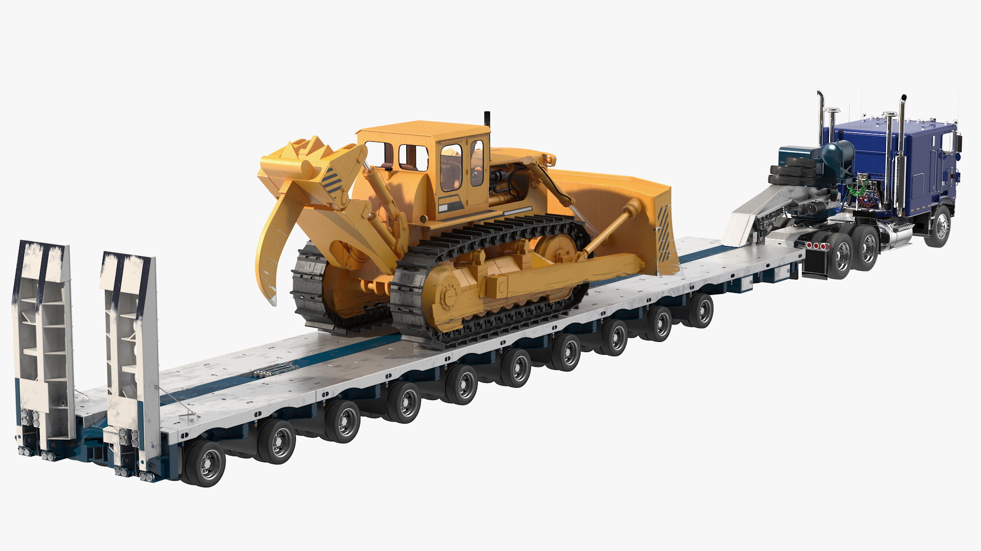 3D model Cabover Truck with Bulldozer on Heavy Transport Trailer