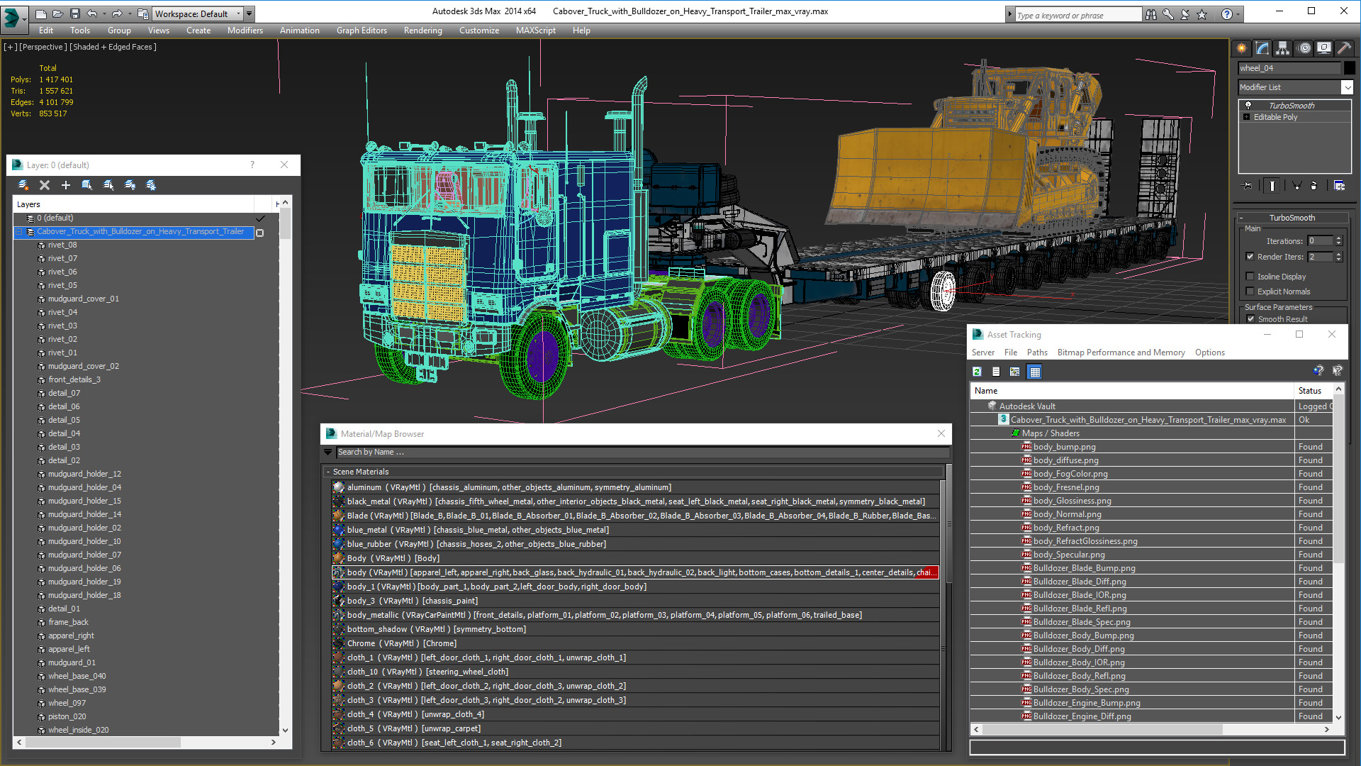 3D model Cabover Truck with Bulldozer on Heavy Transport Trailer
