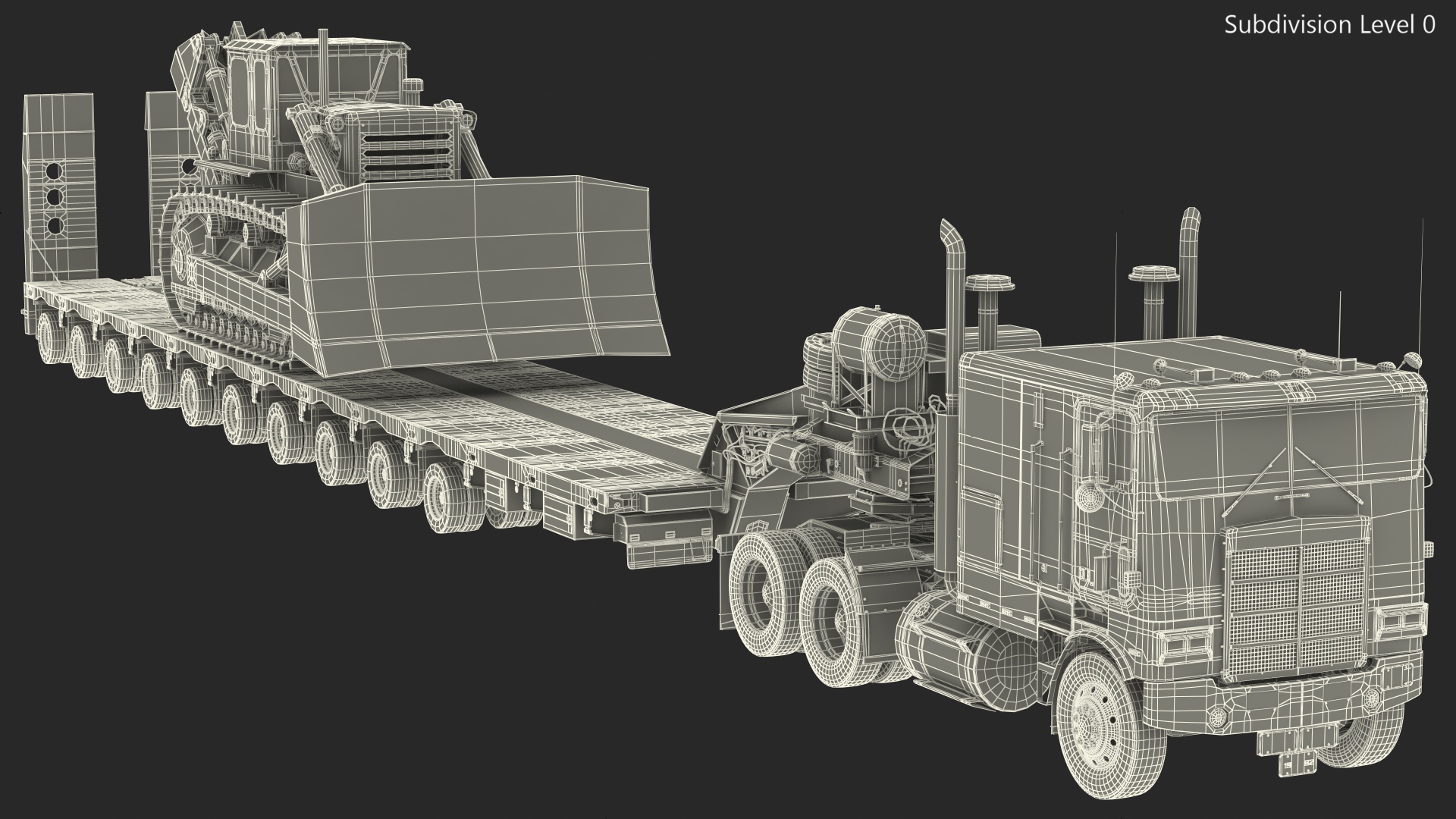 3D model Cabover Truck with Bulldozer on Heavy Transport Trailer