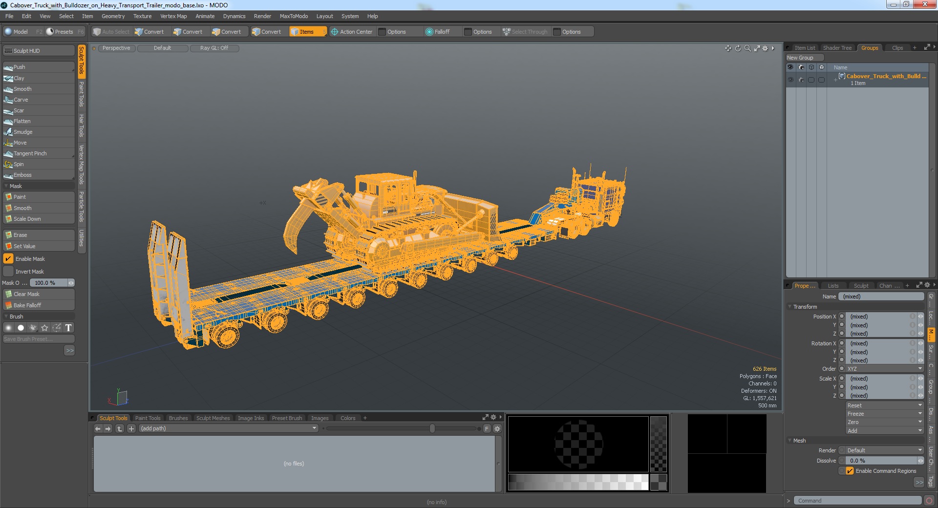 3D model Cabover Truck with Bulldozer on Heavy Transport Trailer