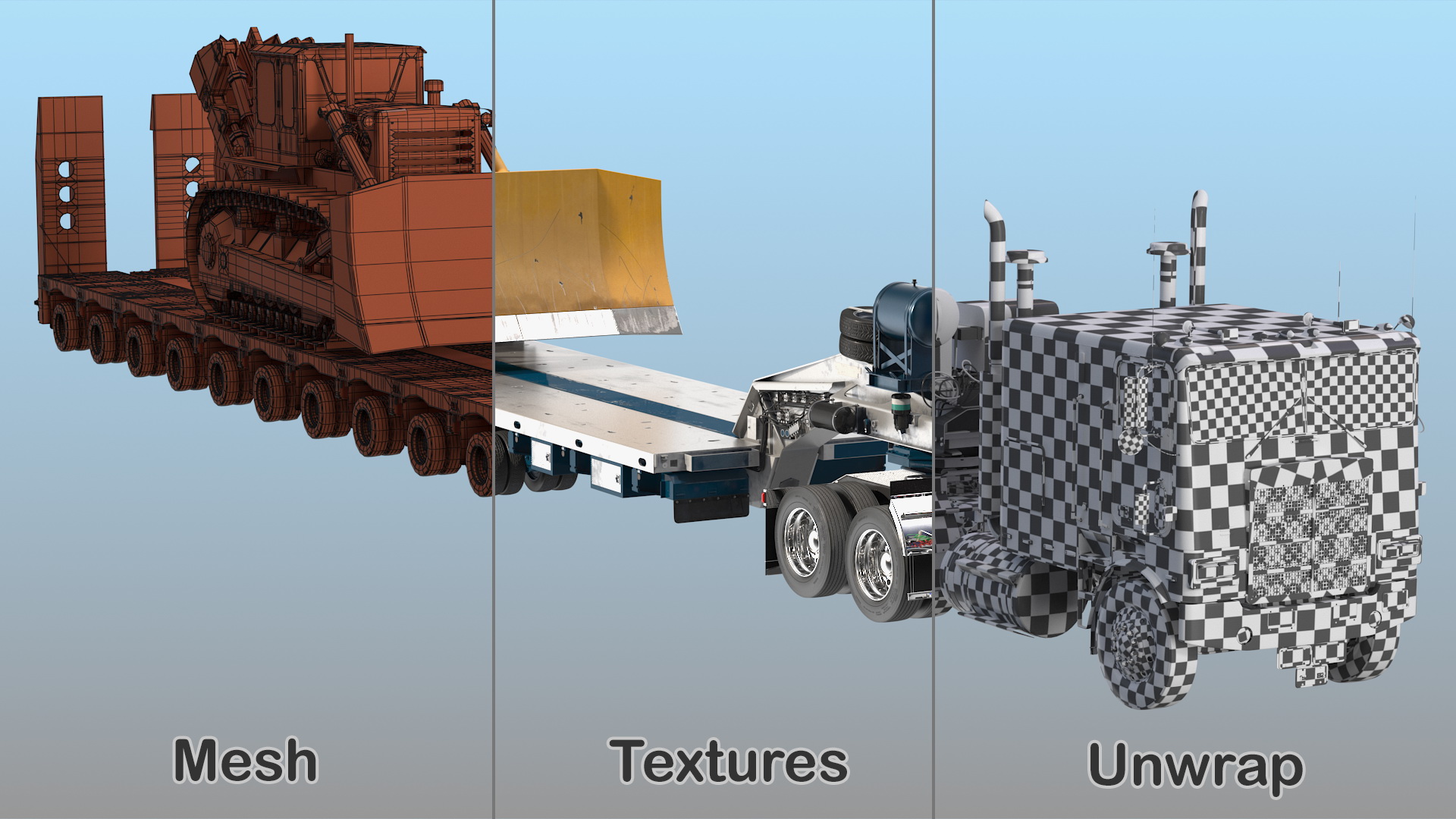 3D model Cabover Truck with Bulldozer on Heavy Transport Trailer