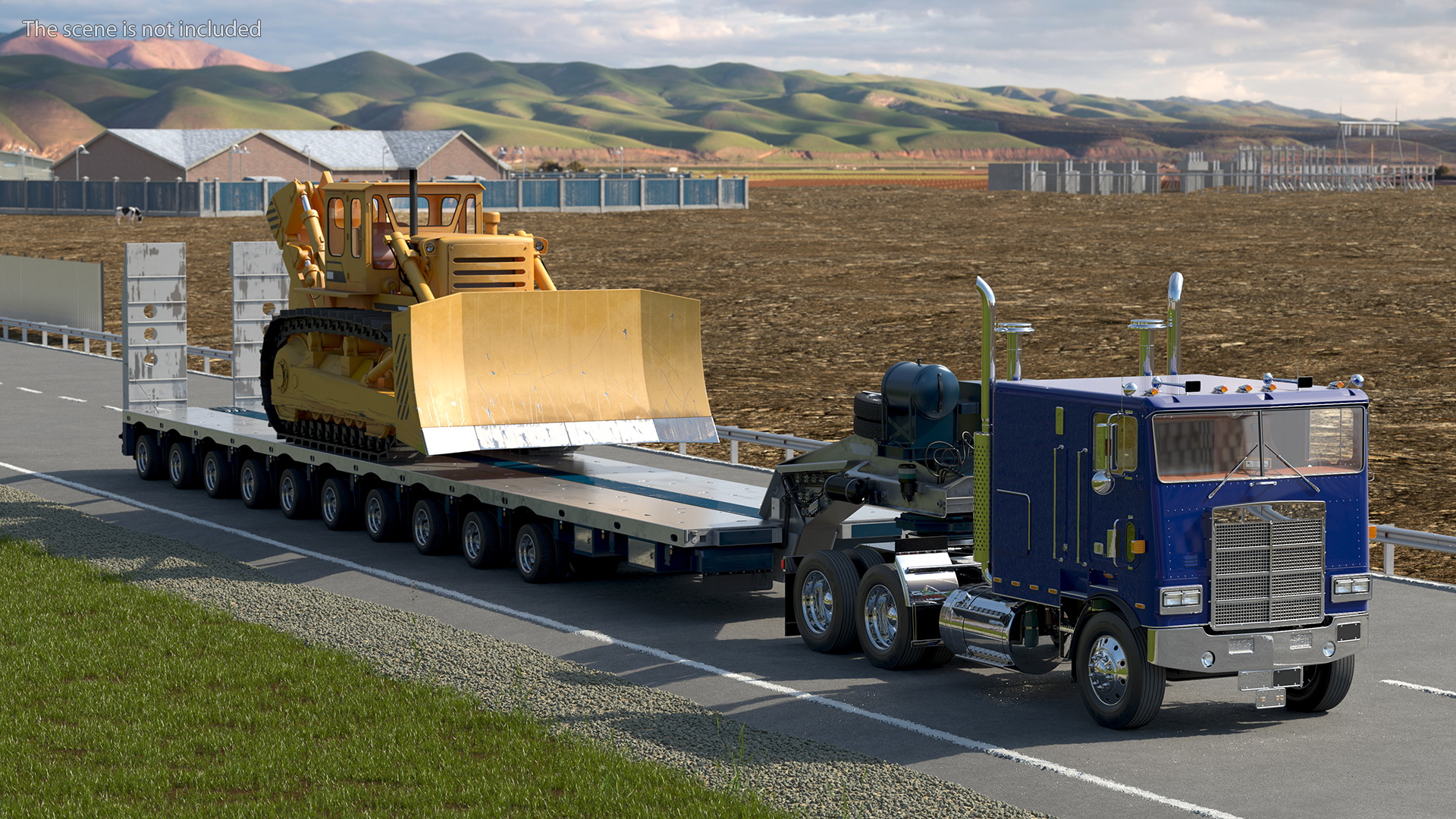 3D model Cabover Truck with Bulldozer on Heavy Transport Trailer