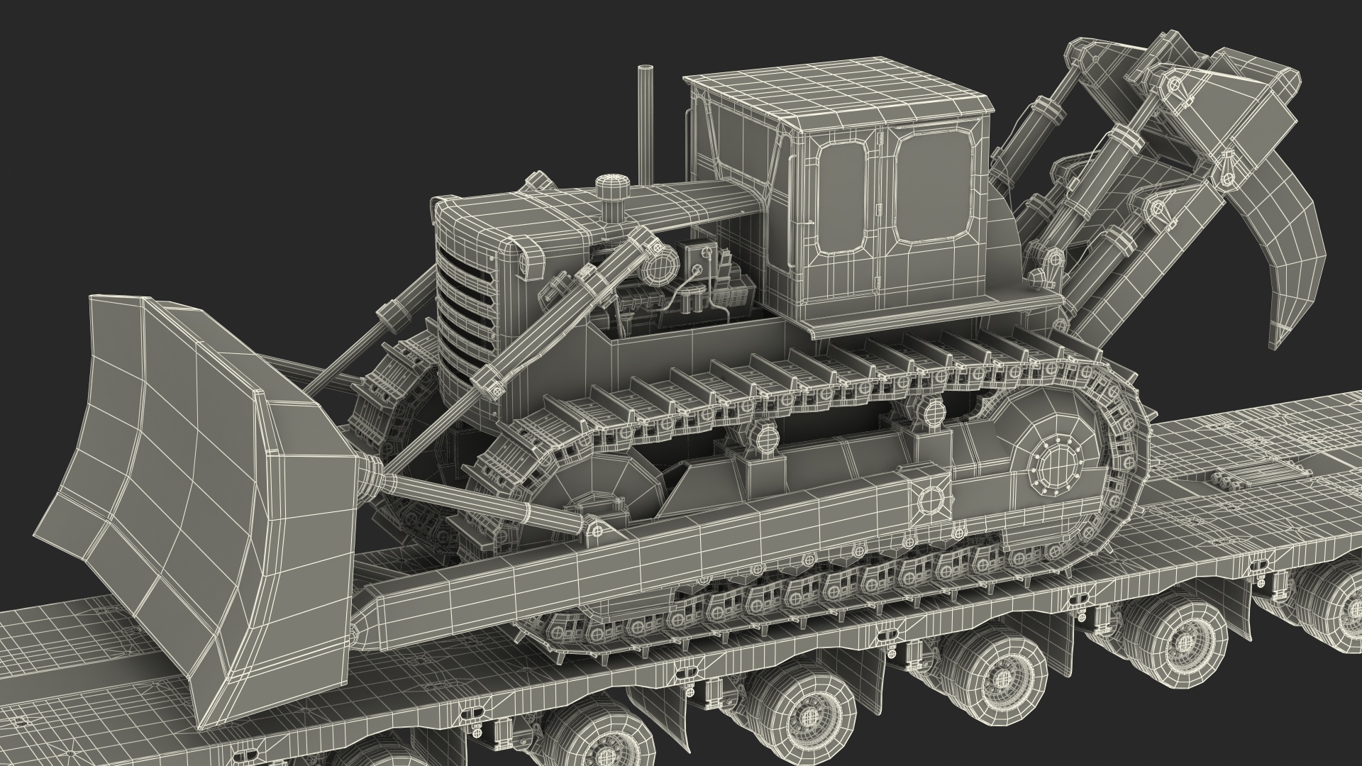 3D model Cabover Truck with Bulldozer on Heavy Transport Trailer