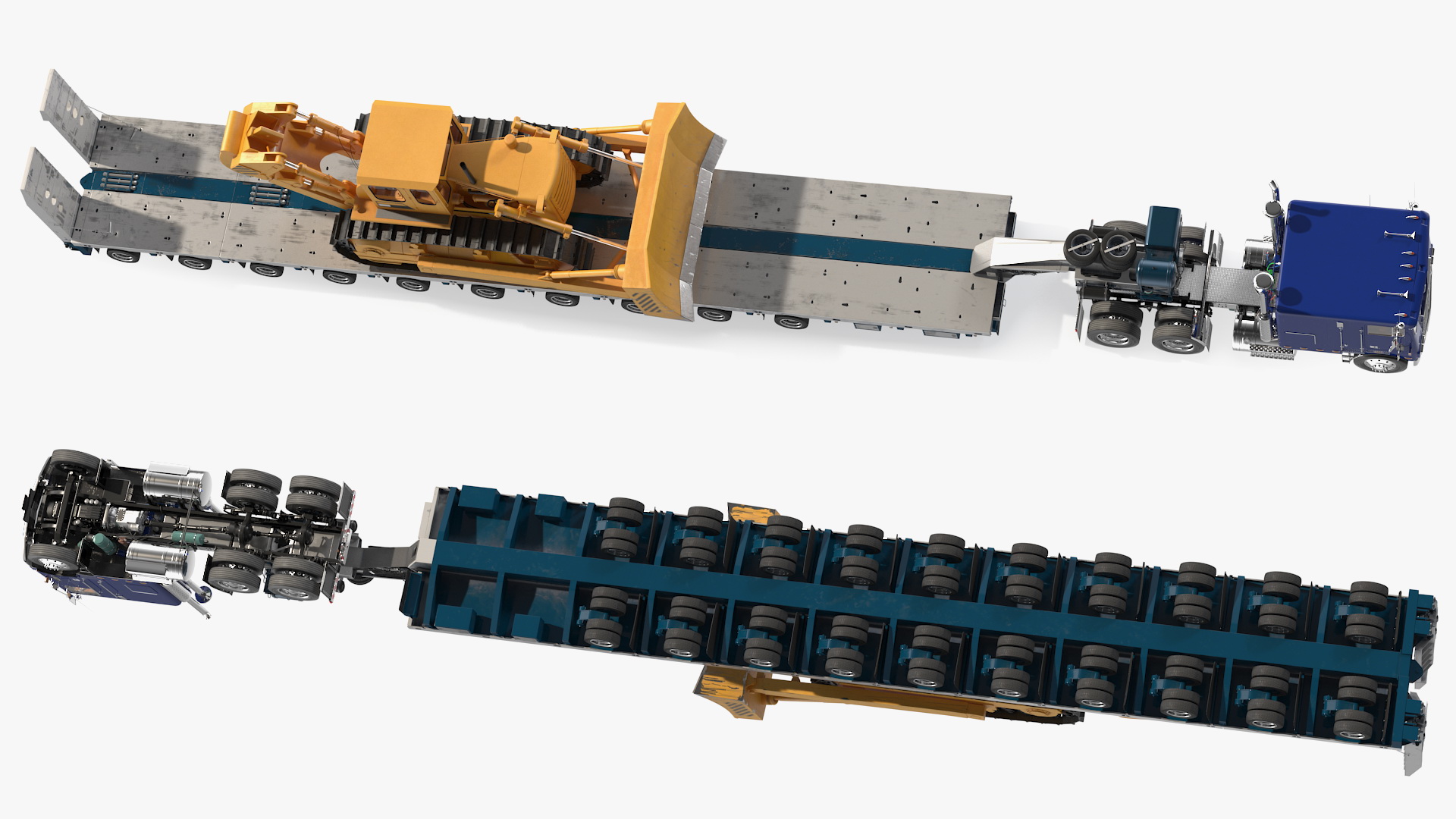 3D model Cabover Truck with Bulldozer on Heavy Transport Trailer