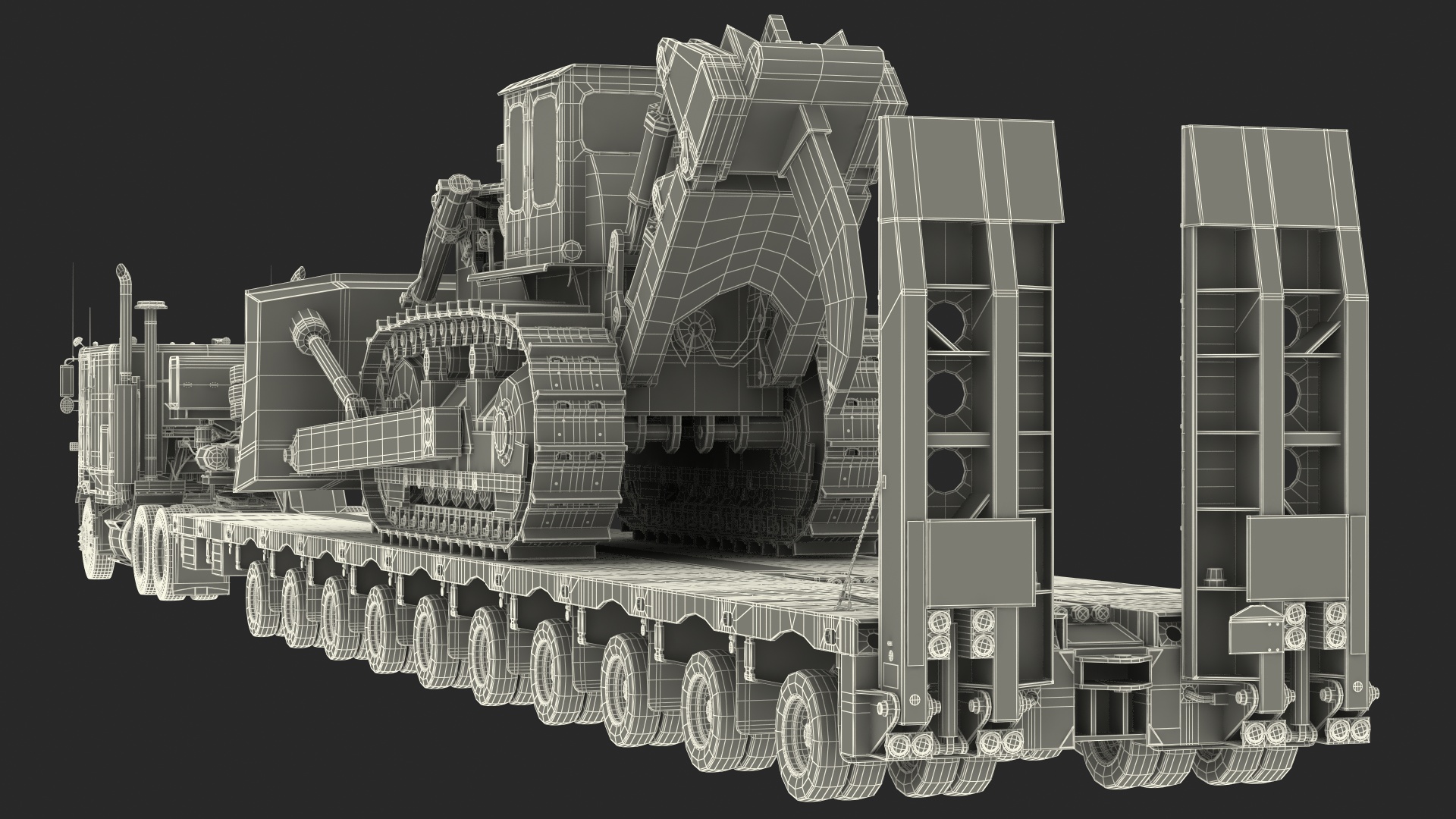 3D model Cabover Truck with Bulldozer on Heavy Transport Trailer