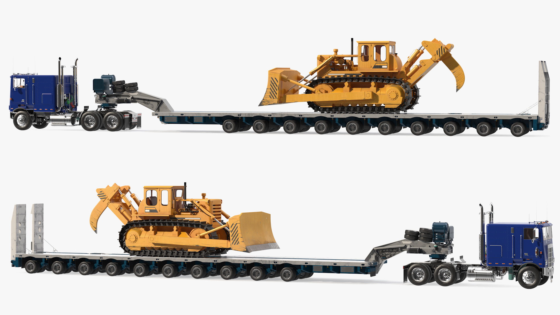 3D model Cabover Truck with Bulldozer on Heavy Transport Trailer