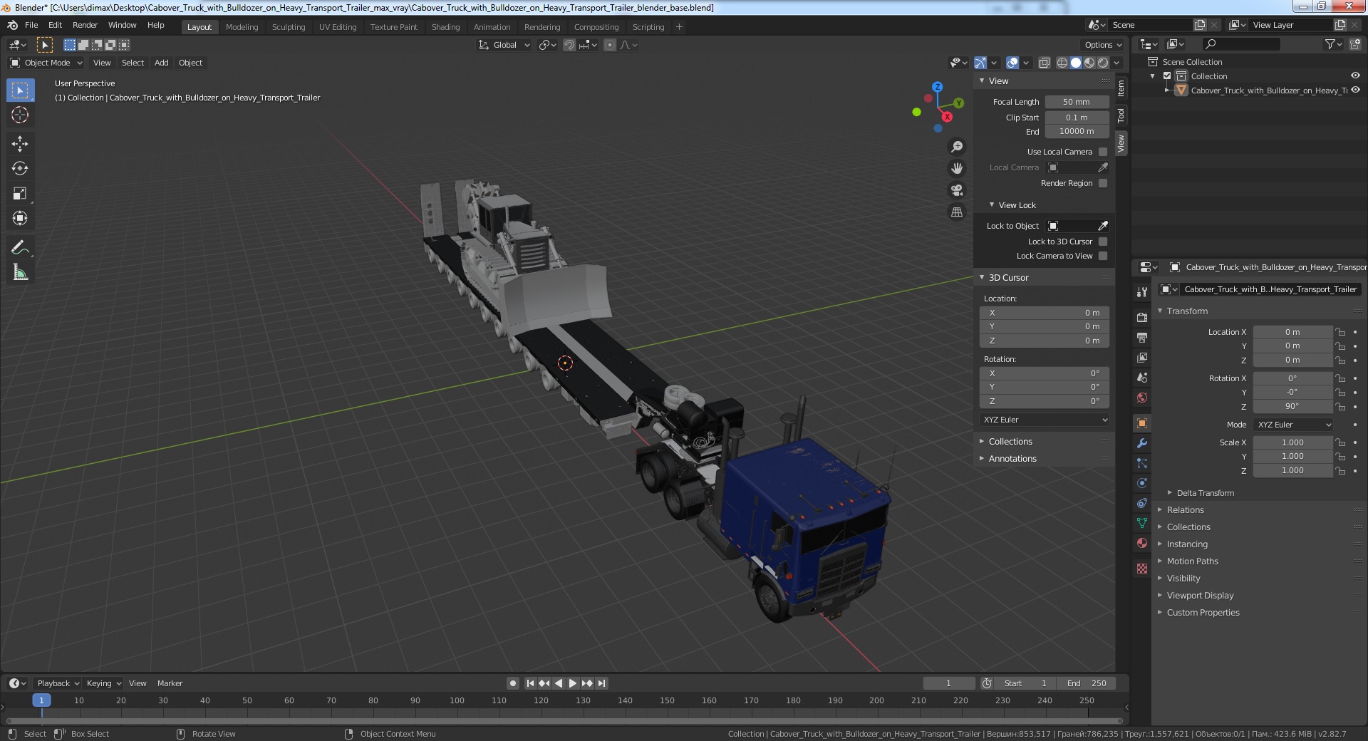 3D model Cabover Truck with Bulldozer on Heavy Transport Trailer