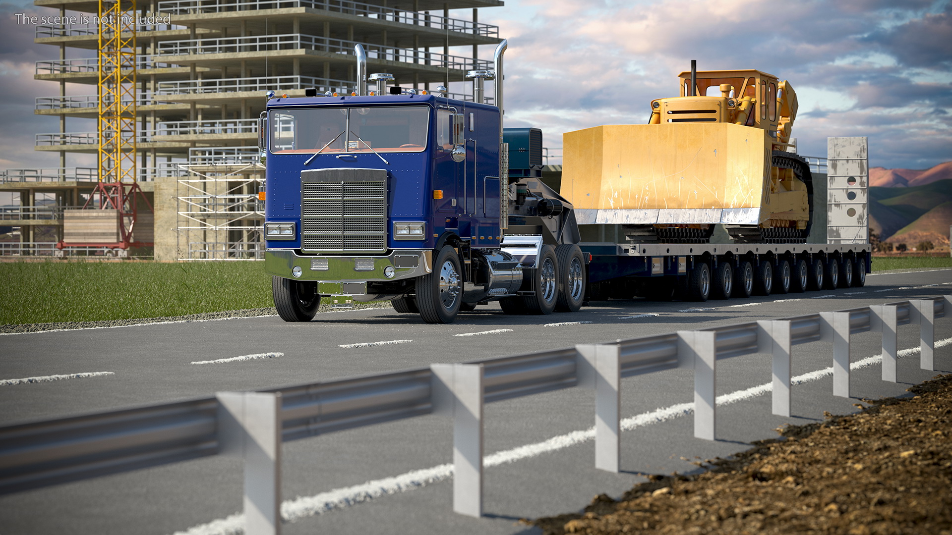 3D model Cabover Truck with Bulldozer on Heavy Transport Trailer