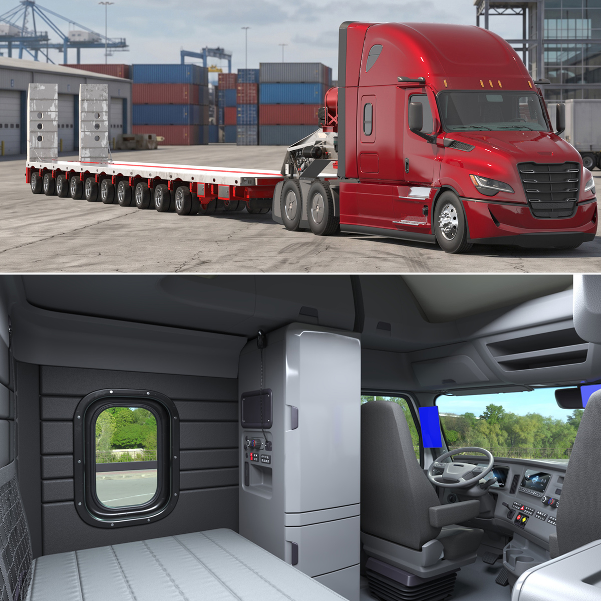 Heavy Duty Semi Truck with Lowboy Equipment Trailer 3D model preview