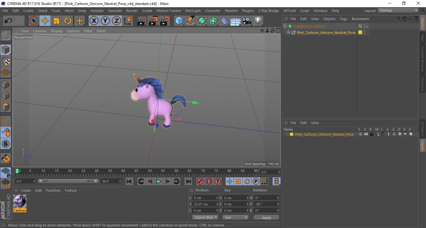 3D Pink Cartoon Unicorn Neutral Pose model