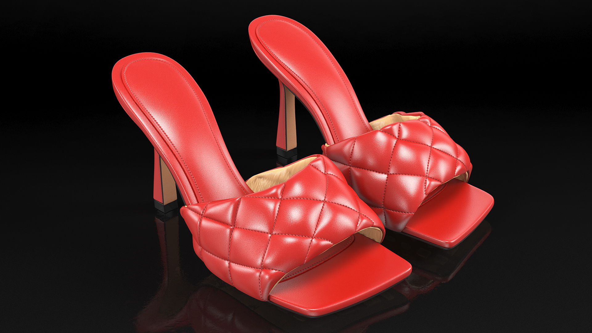 Square-toe Padded Mules Red 3D