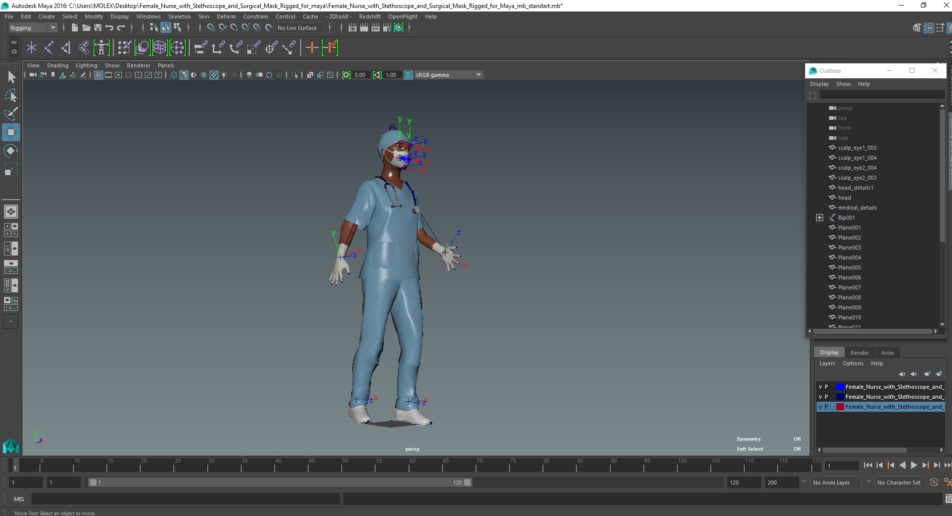 3D Female Nurse with Stethoscope and Surgical Mask Rigged for Maya model