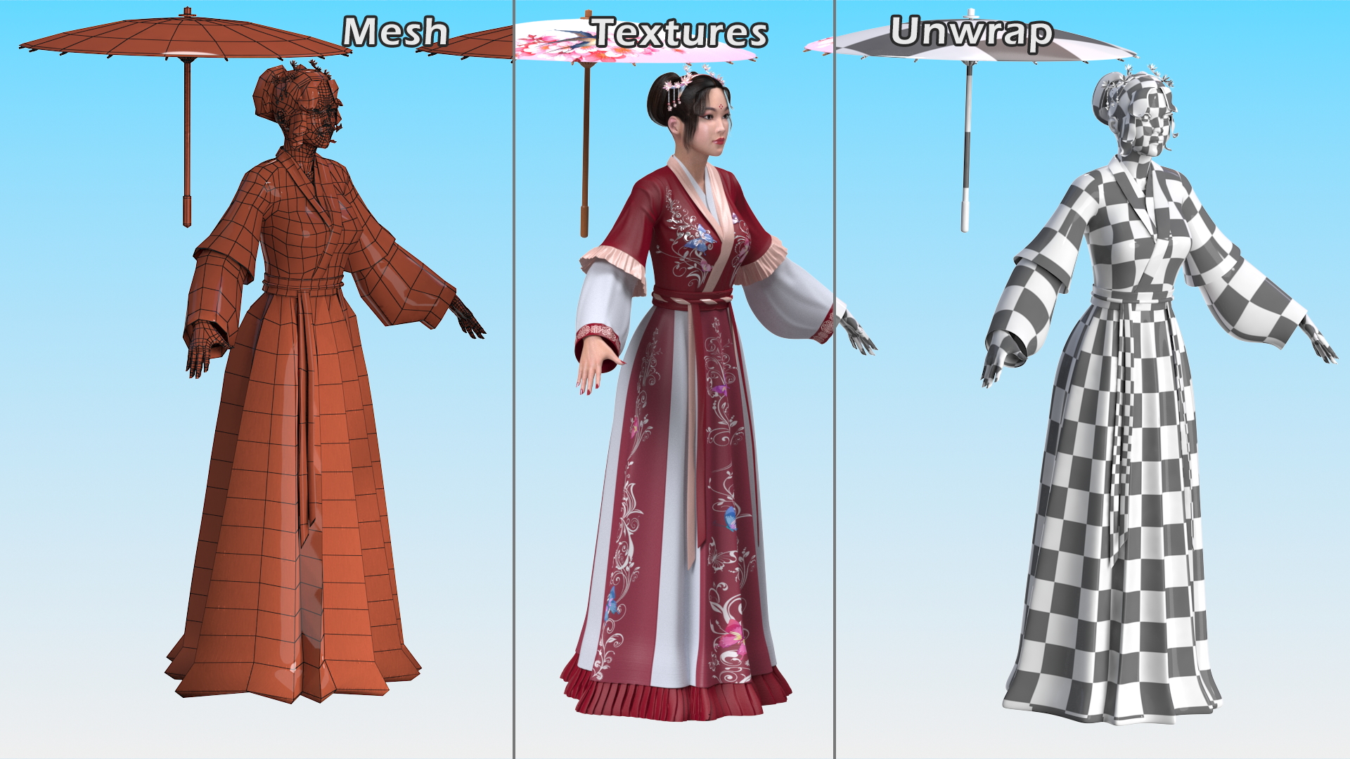 3D Chinese Woman in Traditional Clothes A-pose model