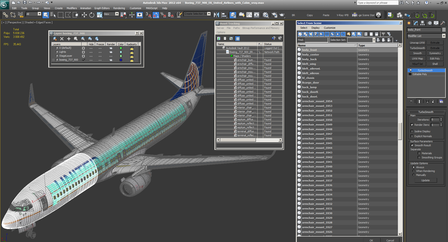 Boeing 737 900 ER United Airlines with Cabin 3D model
