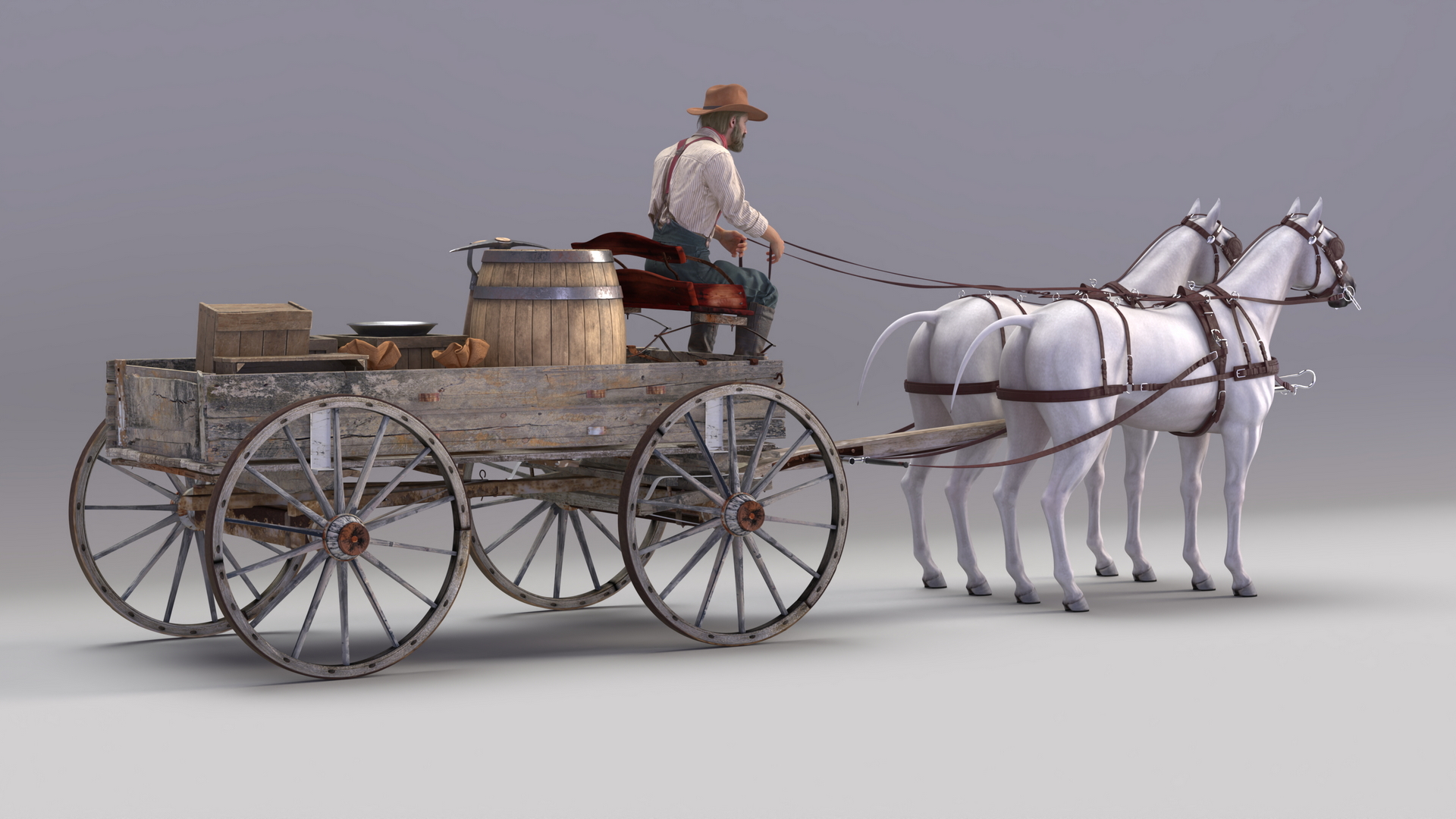Gold Rush Miner with Wagon and Horses 3D