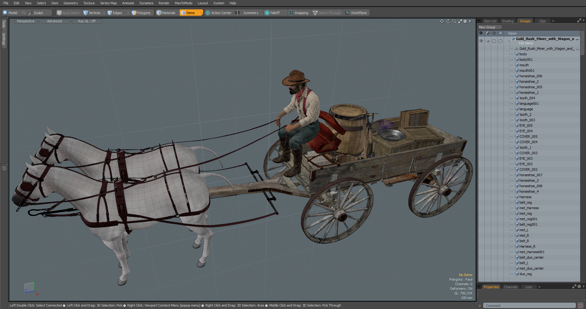 Gold Rush Miner with Wagon and Horses 3D
