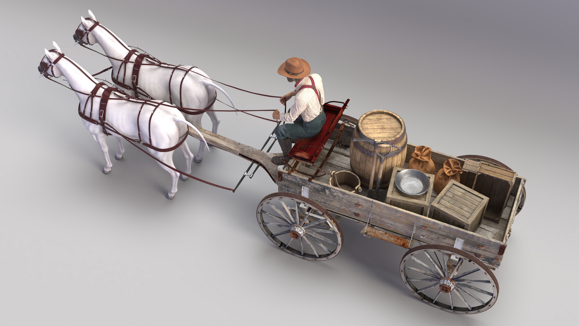 Gold Rush Miner with Wagon and Horses 3D