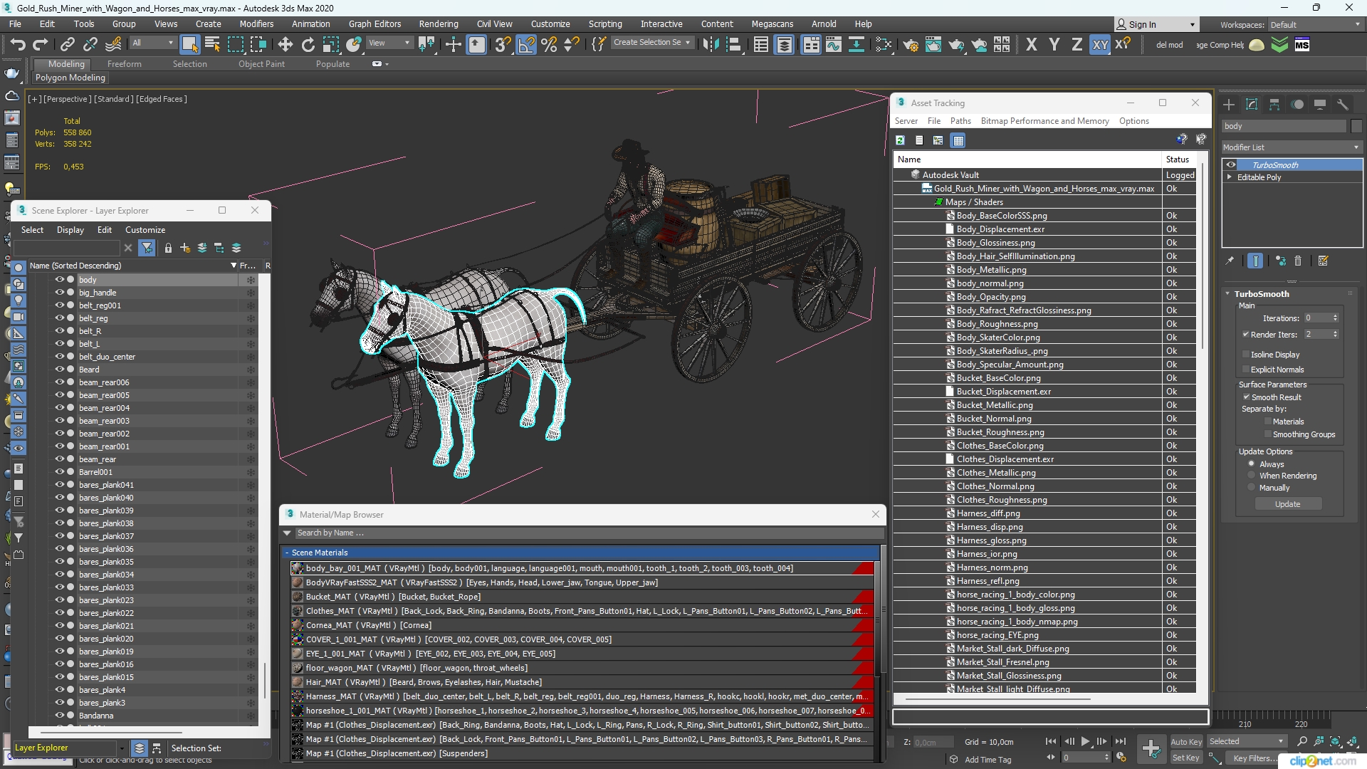 Gold Rush Miner with Wagon and Horses 3D