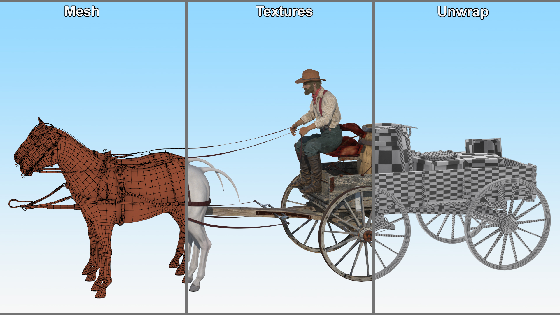 Gold Rush Miner with Wagon and Horses 3D
