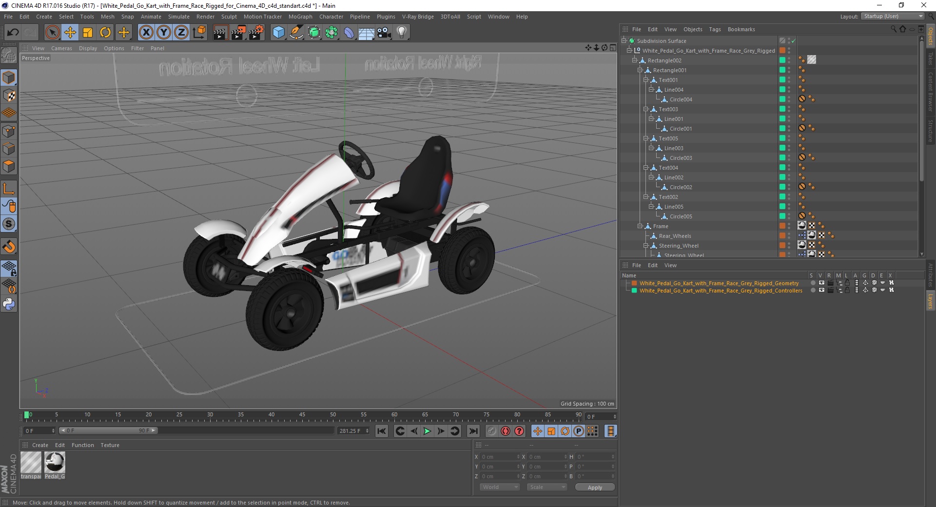 3D White Pedal Go Kart with Frame Race Rigged for Cinema 4D