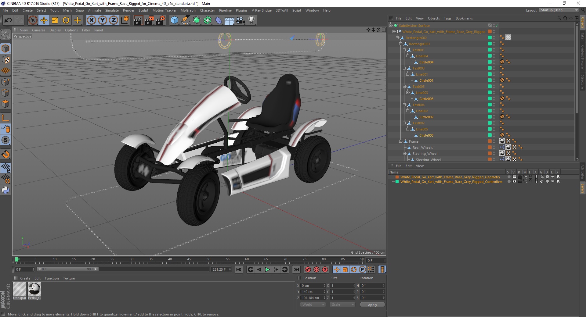 3D White Pedal Go Kart with Frame Race Rigged for Cinema 4D