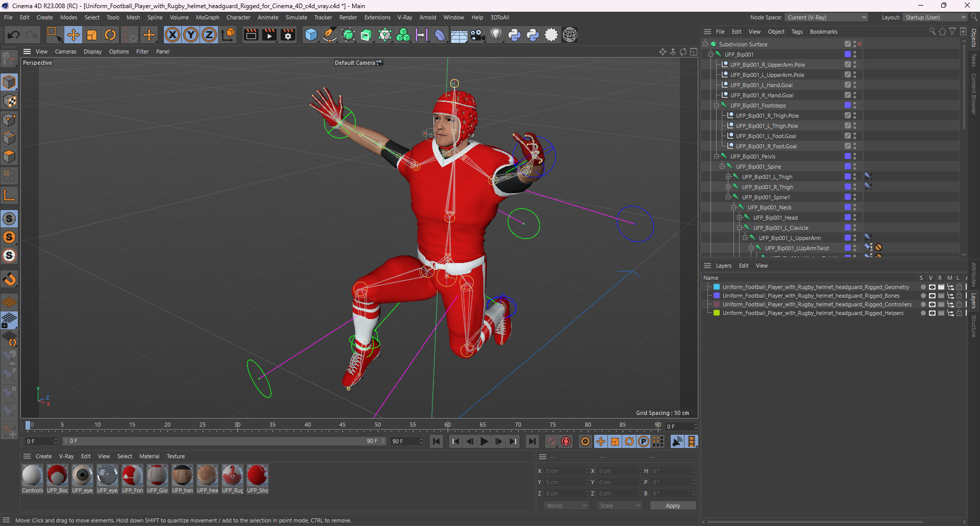 Uniform Football Player with Rugby Helmet Headguard Rigged for Cinema 4D 3D