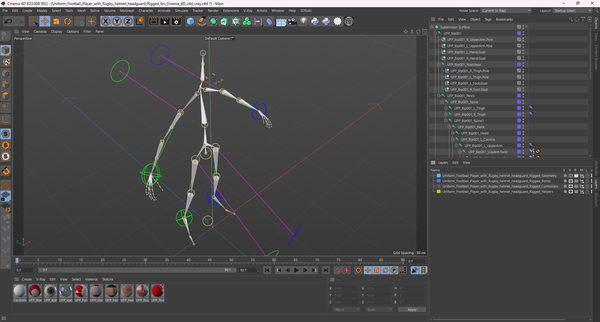 Uniform Football Player with Rugby Helmet Headguard Rigged for Cinema 4D 3D
