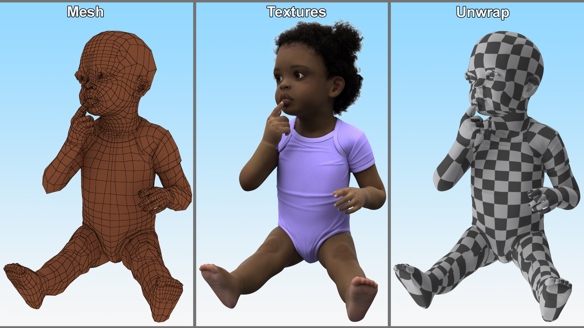 African Baby Girl Light Skin in Bodysuit Sitting Fur 3D