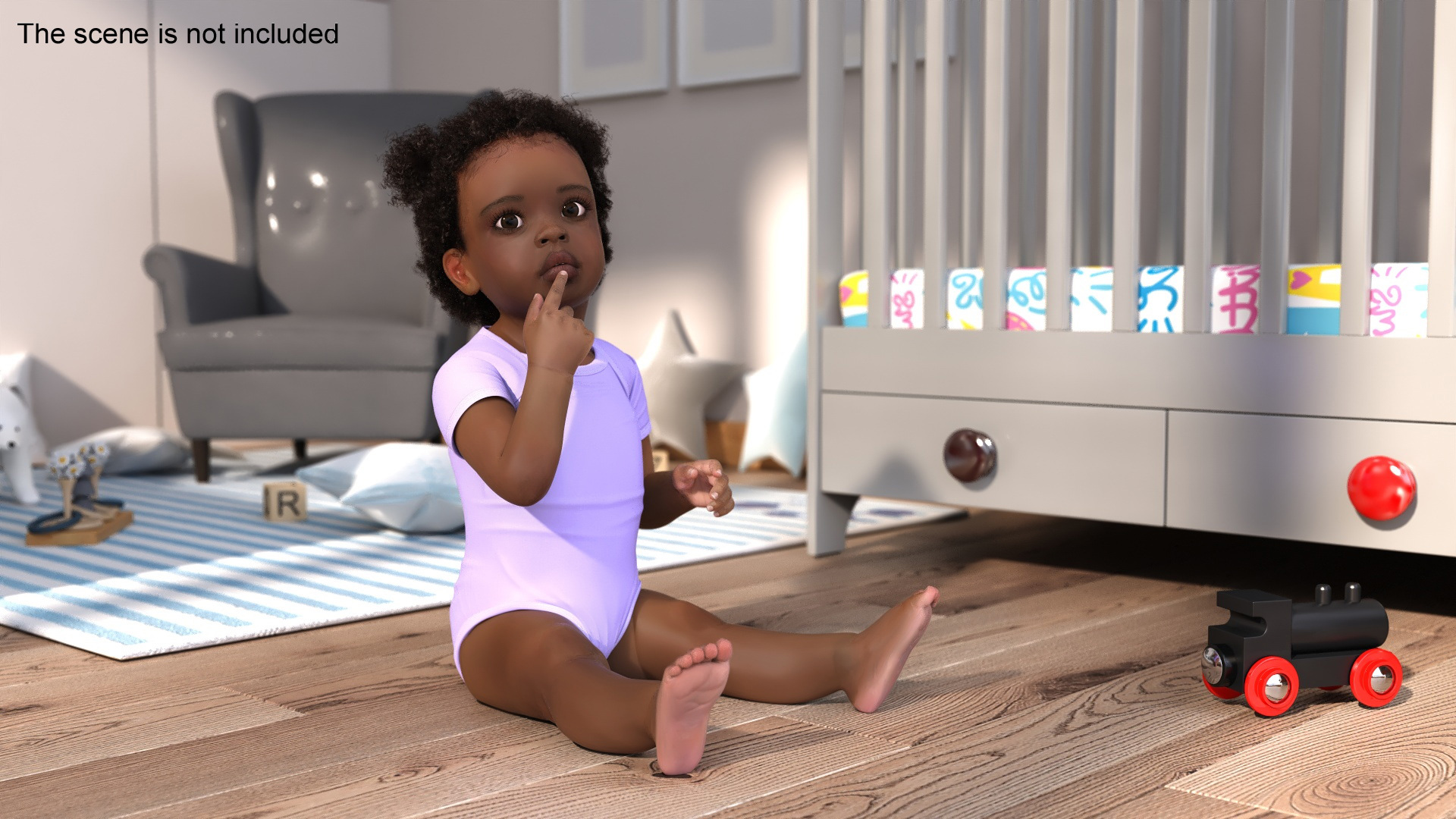 African Baby Girl Light Skin in Bodysuit Sitting Fur 3D