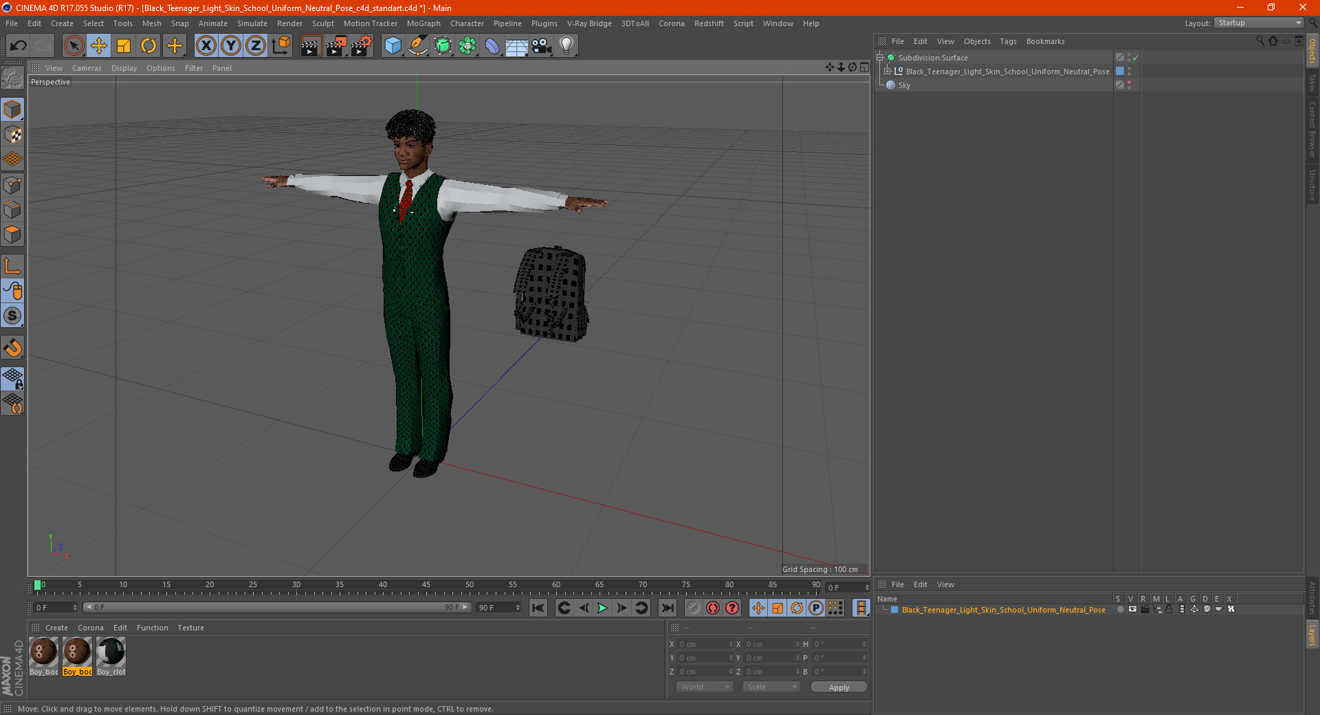 3D Black Teenager Light Skin School Uniform Neutral Pose model