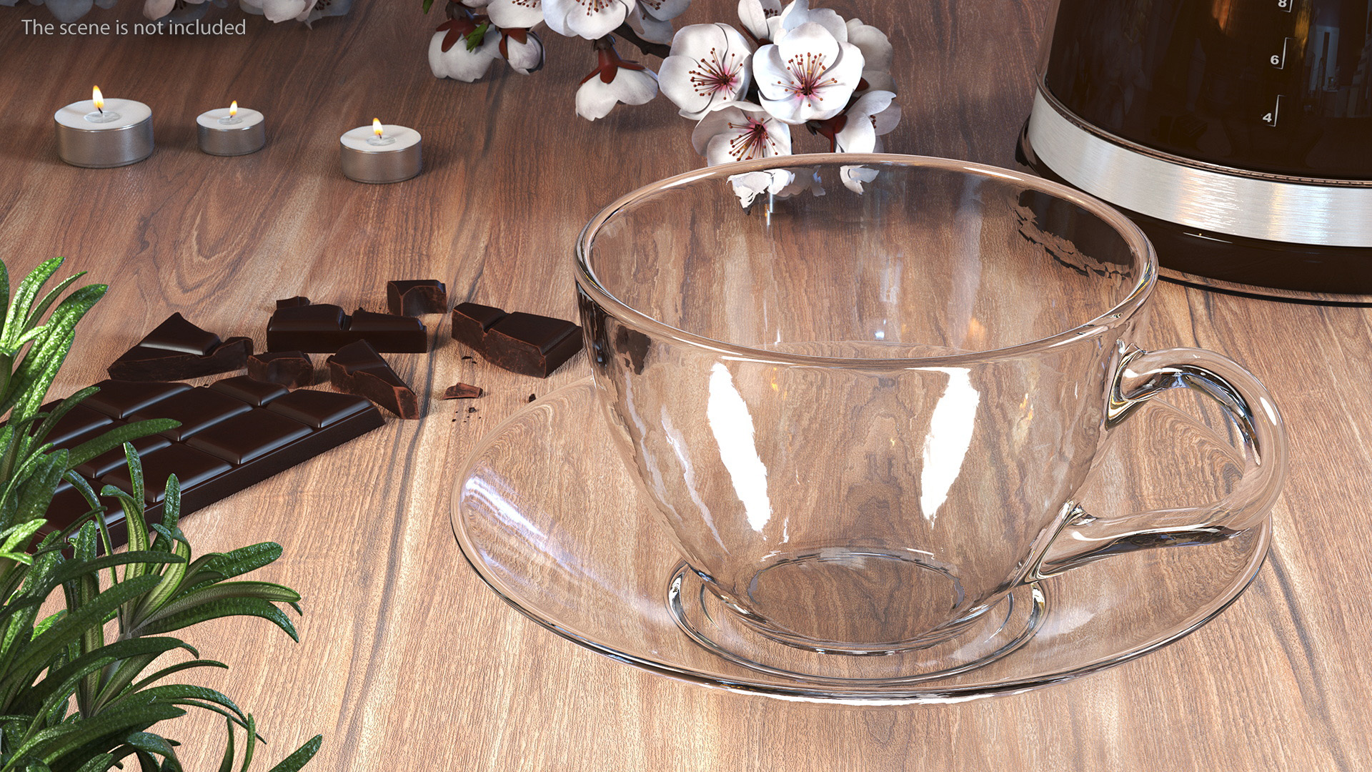 3D Clear Glass Tea Cup with Plate Empty
