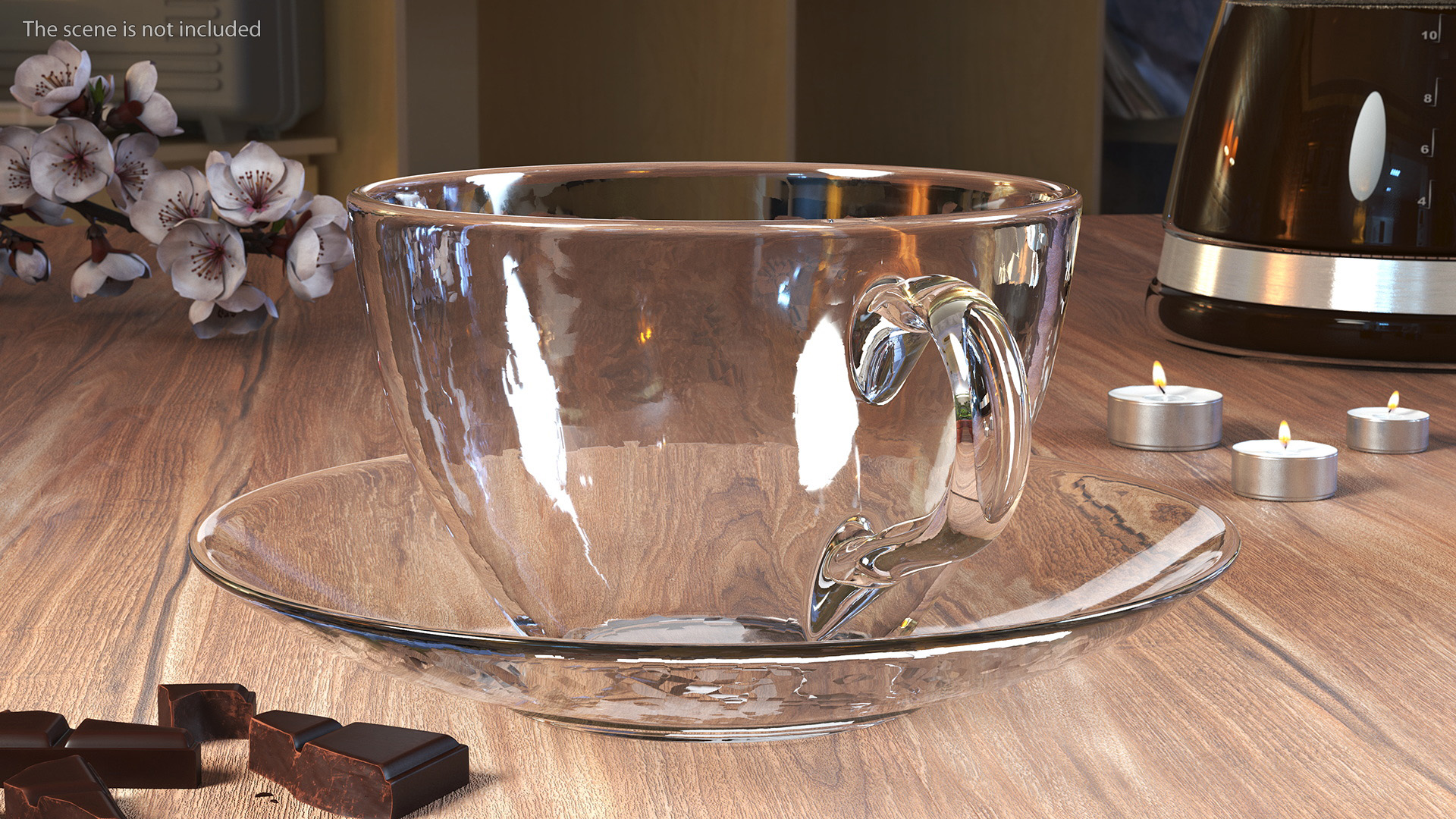 3D Clear Glass Tea Cup with Plate Empty