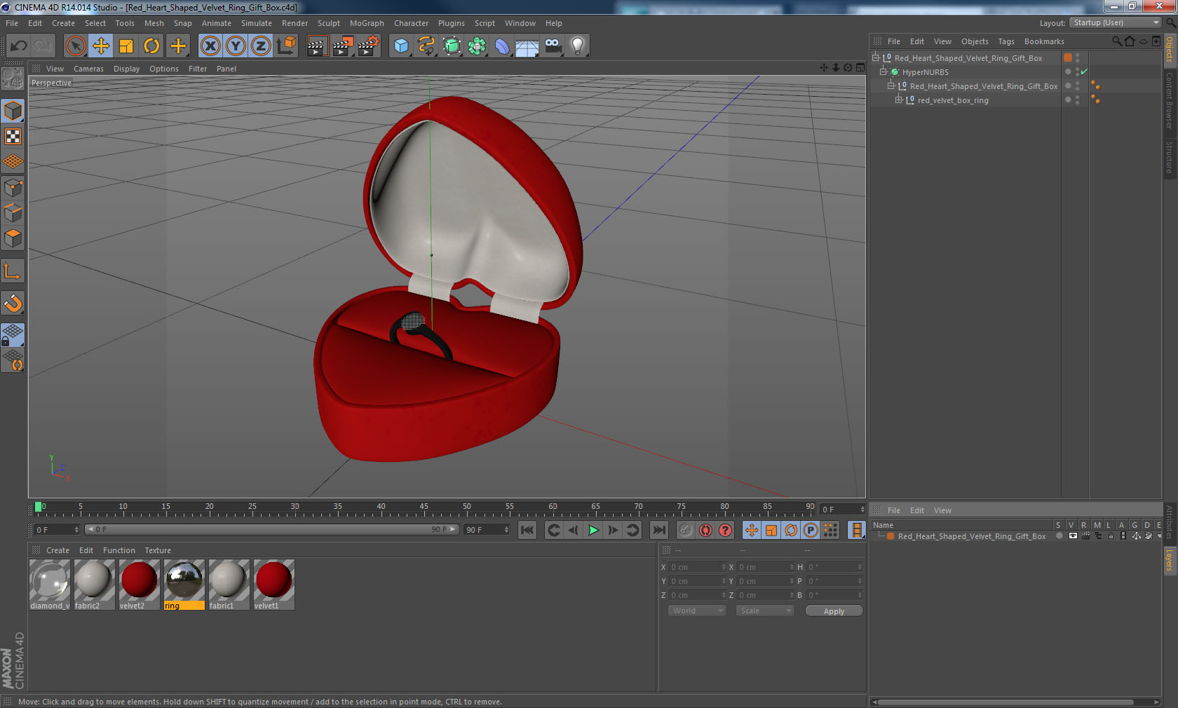 Red Heart Shaped Velvet Ring Gift Box 3D